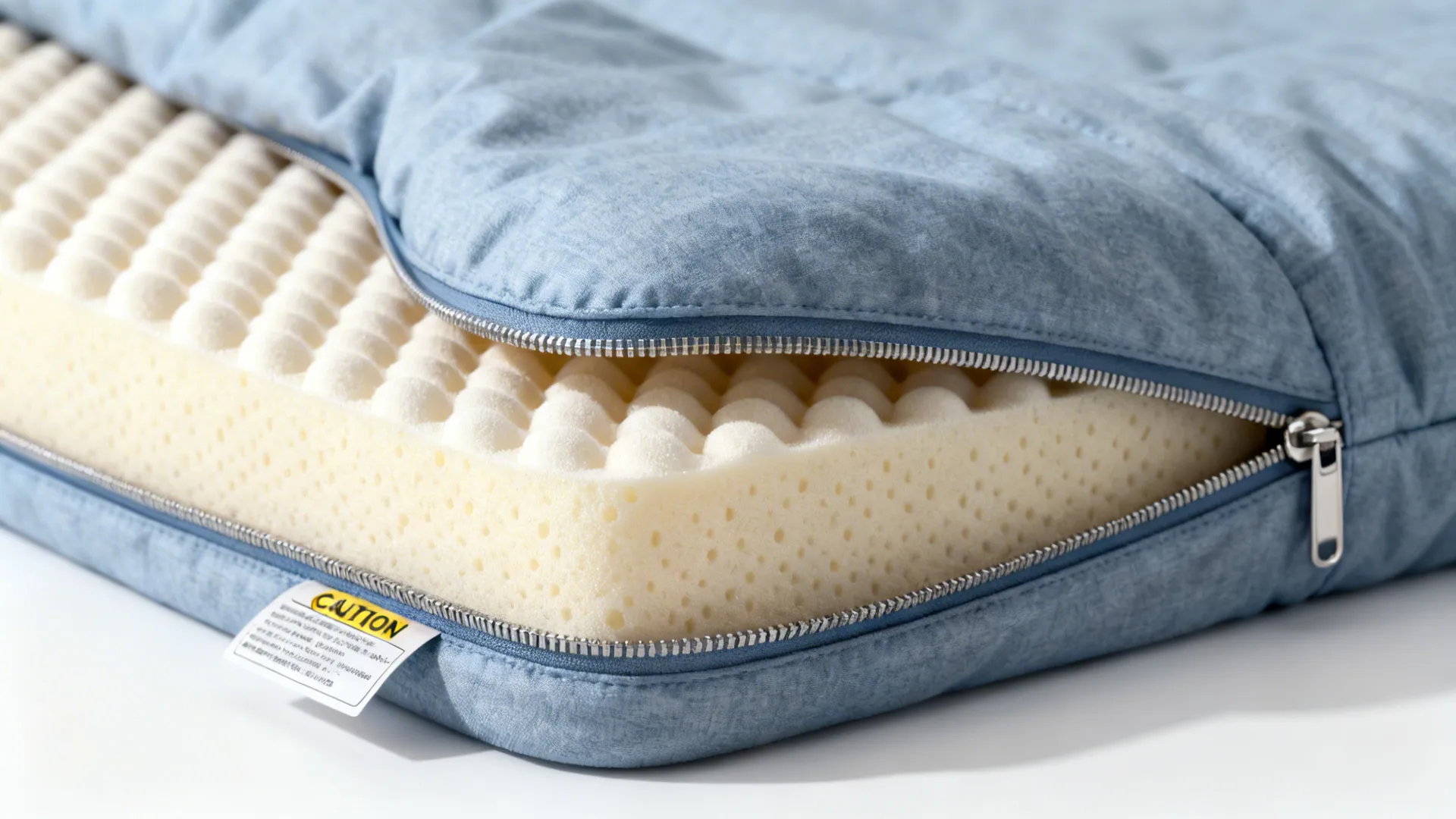 Macro view of high-density beads and memory-foam insert with washable cover zipper for bean bag maintenance.