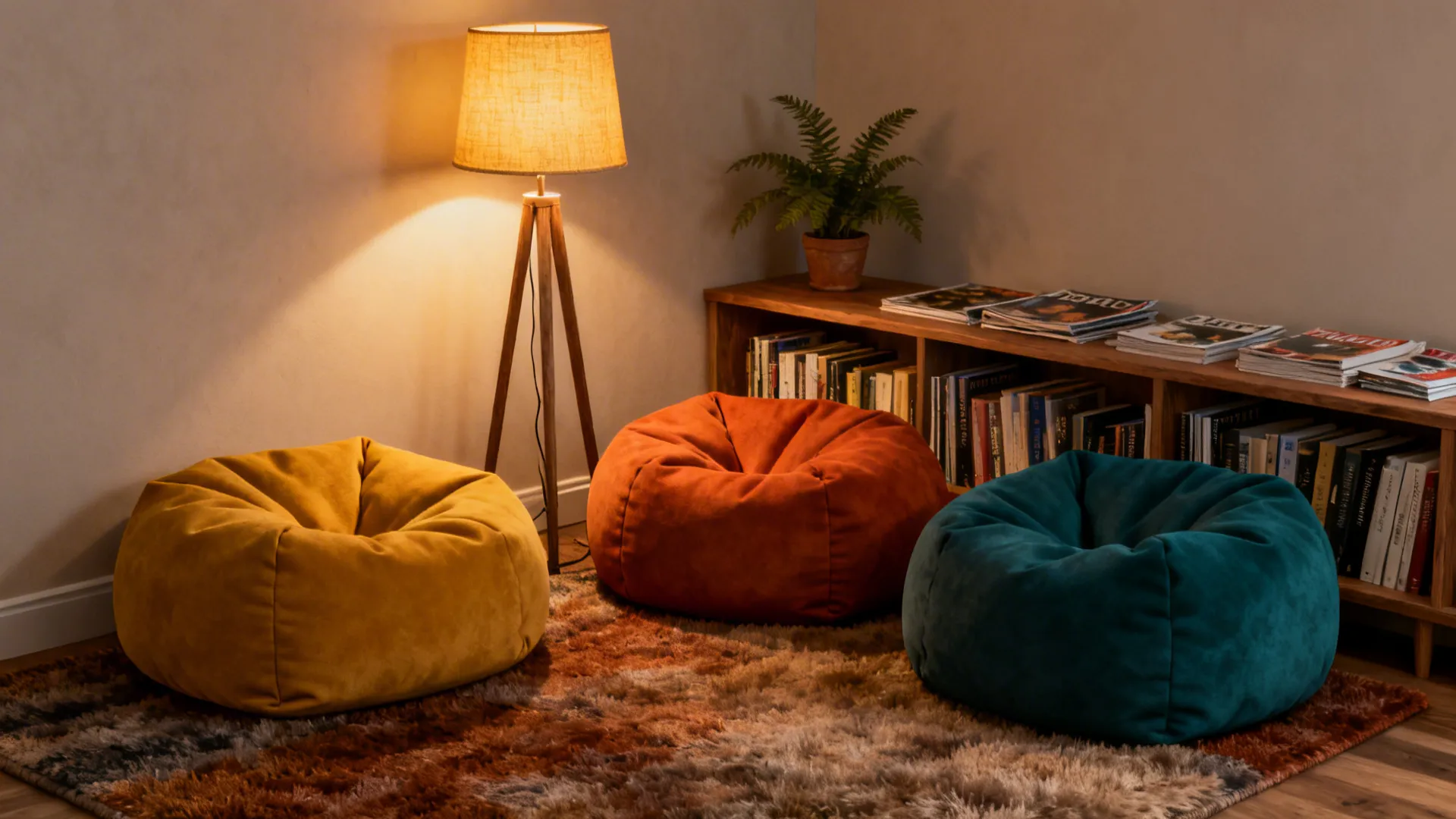 Reading corner with three floor beanbags, a low bookshelf, and a warm floor lamp.