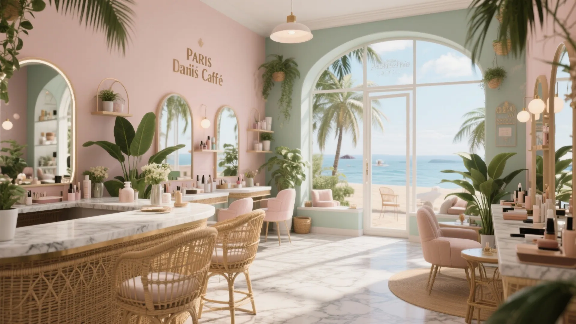 Modern pink beauty salon interior with marble counters wicker chairs green plants and ocean view
