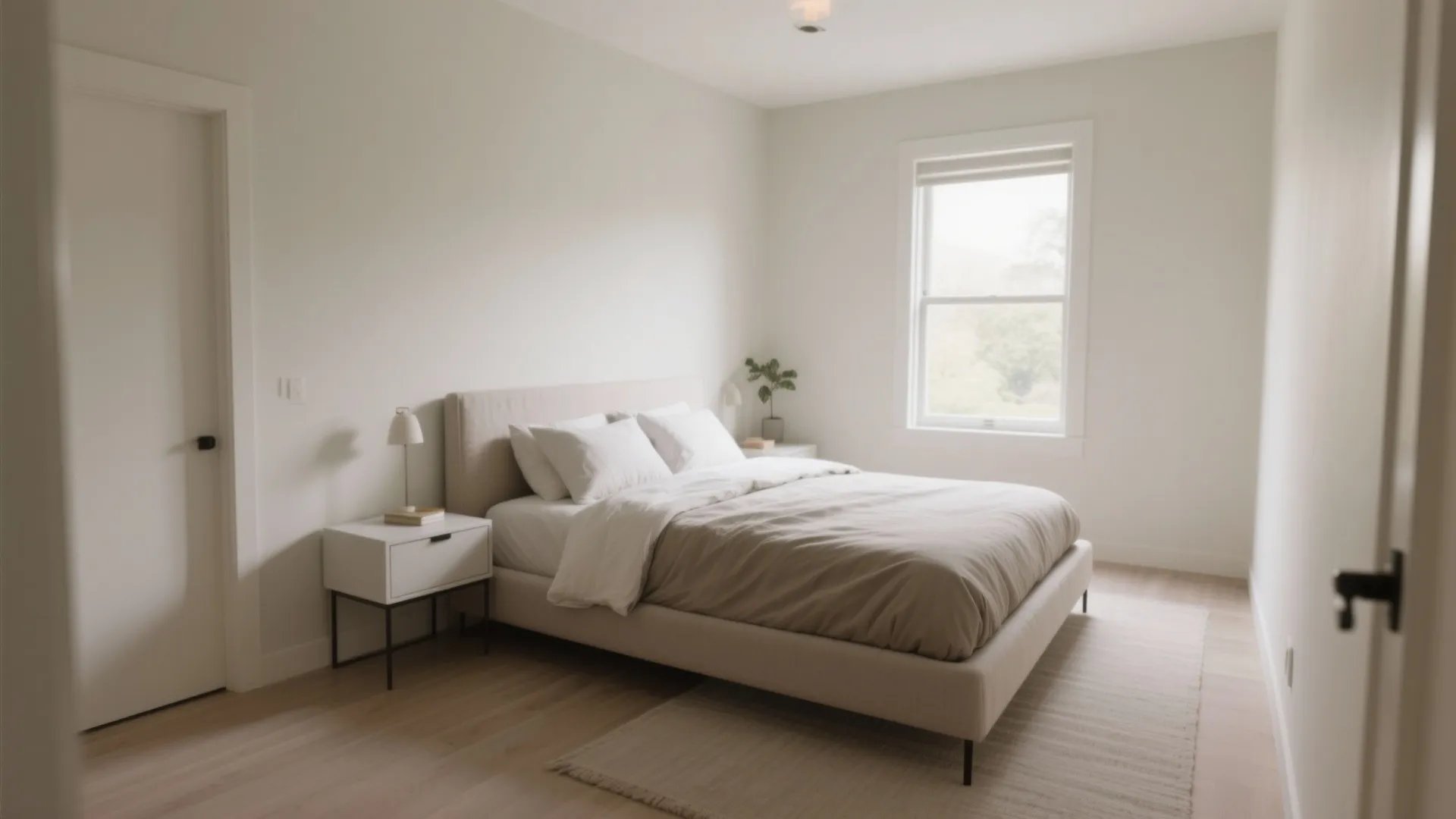Minimalist white bedroom with beige bed against wall white nightstand small lamp and large window