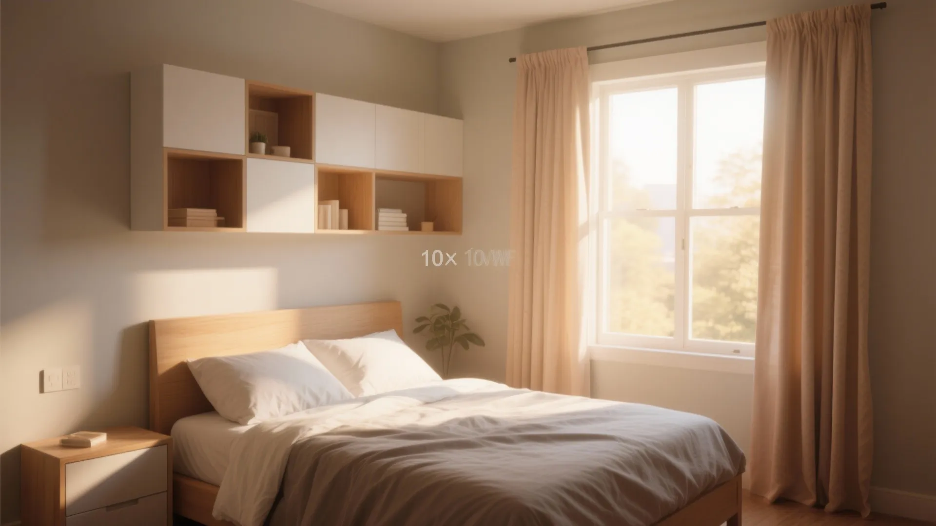 Small bedroom with bed under large window and soft drapes