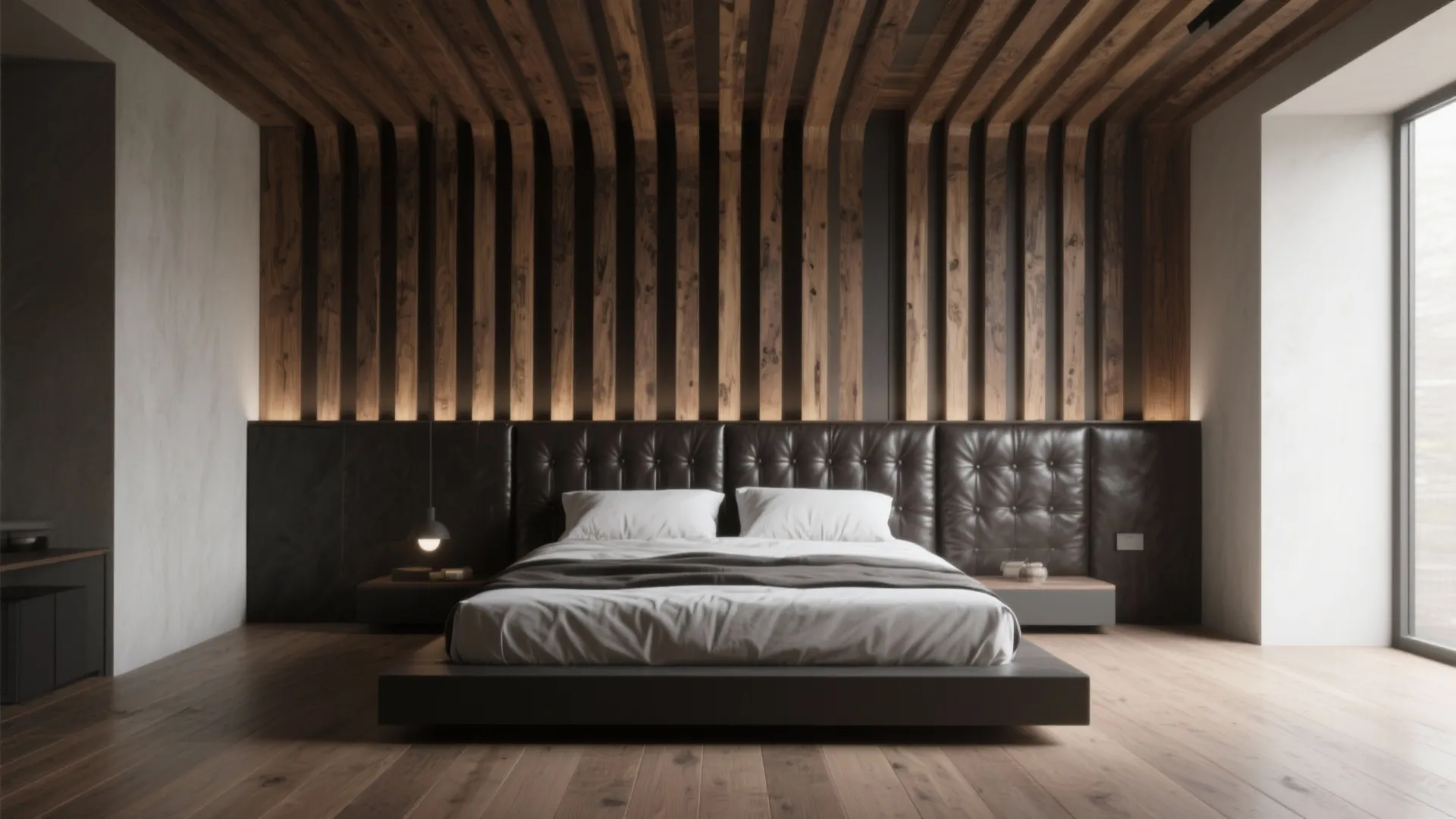 Modern bedroom with wooden wall panel ceiling and large black leather headboard for the bed