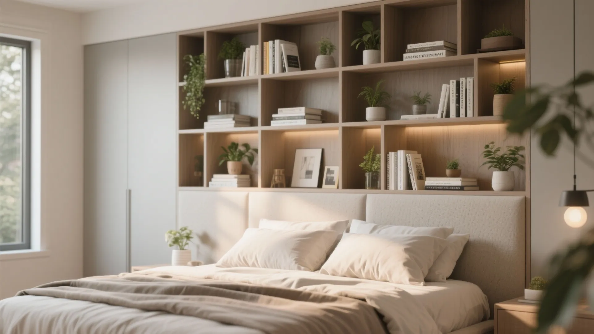 Modern bedroom featuring wooden wall shelving unit with books and plants behind a white bed