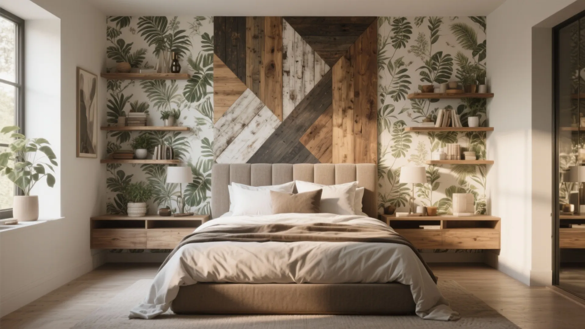 Bedroom with leaf pattern wallpaper wood panel wall design and open shelves for home decor