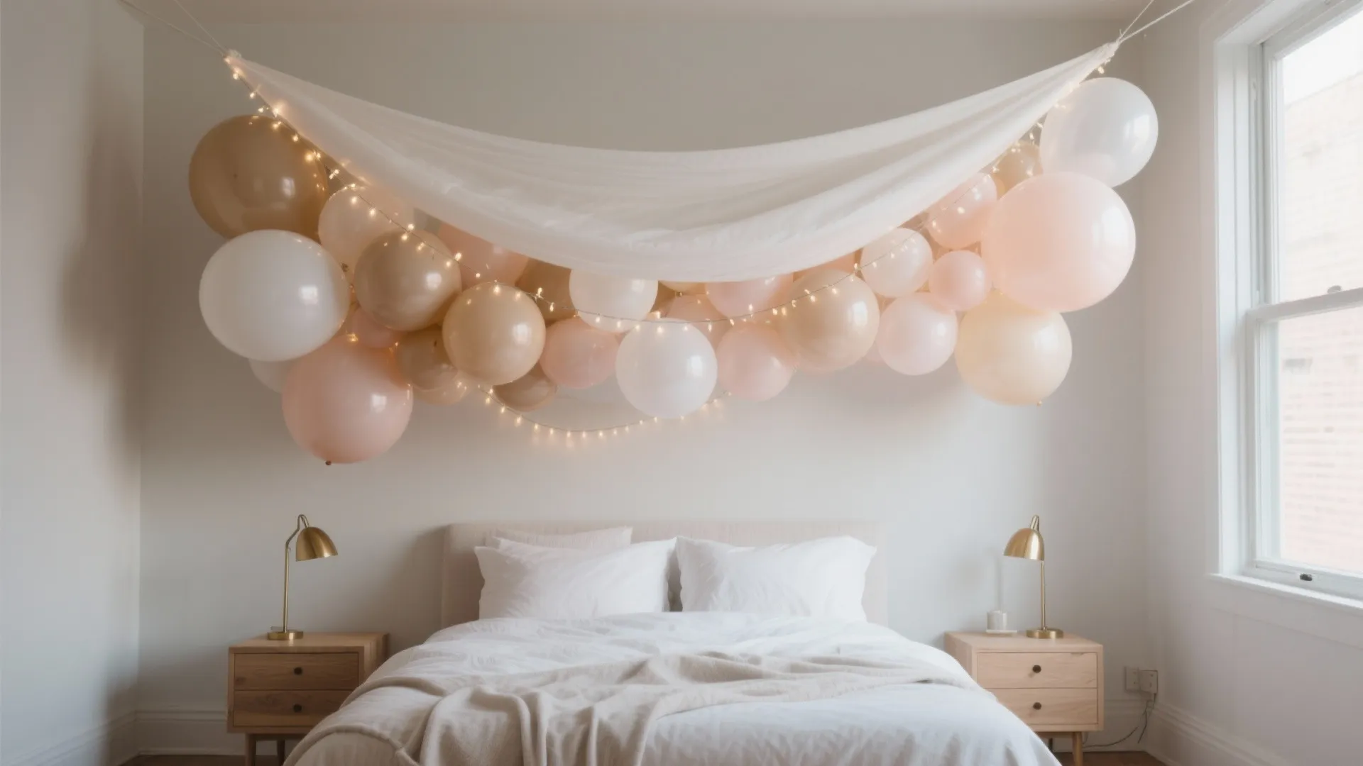 Minimalist white bedroom with a curtain hanging above the bed decorated with many colorful balloons