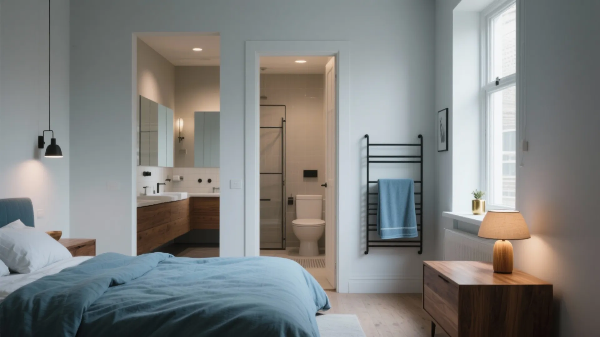Blue bed in modern bedroom with view of two bathroom areas and wooden storage cabinet