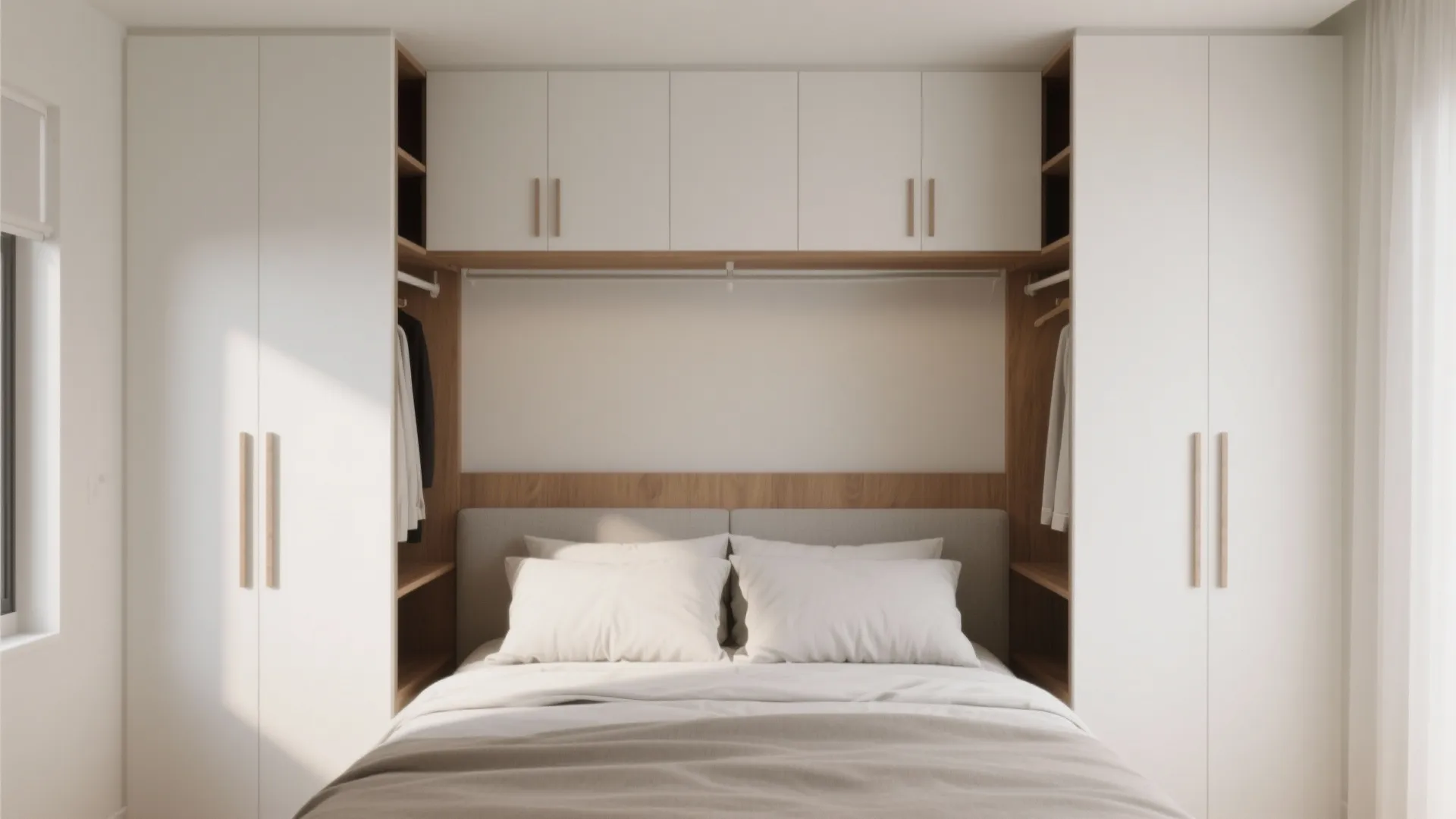 Small bedroom layout with white wall cabinets and wood shelves built around a central bed