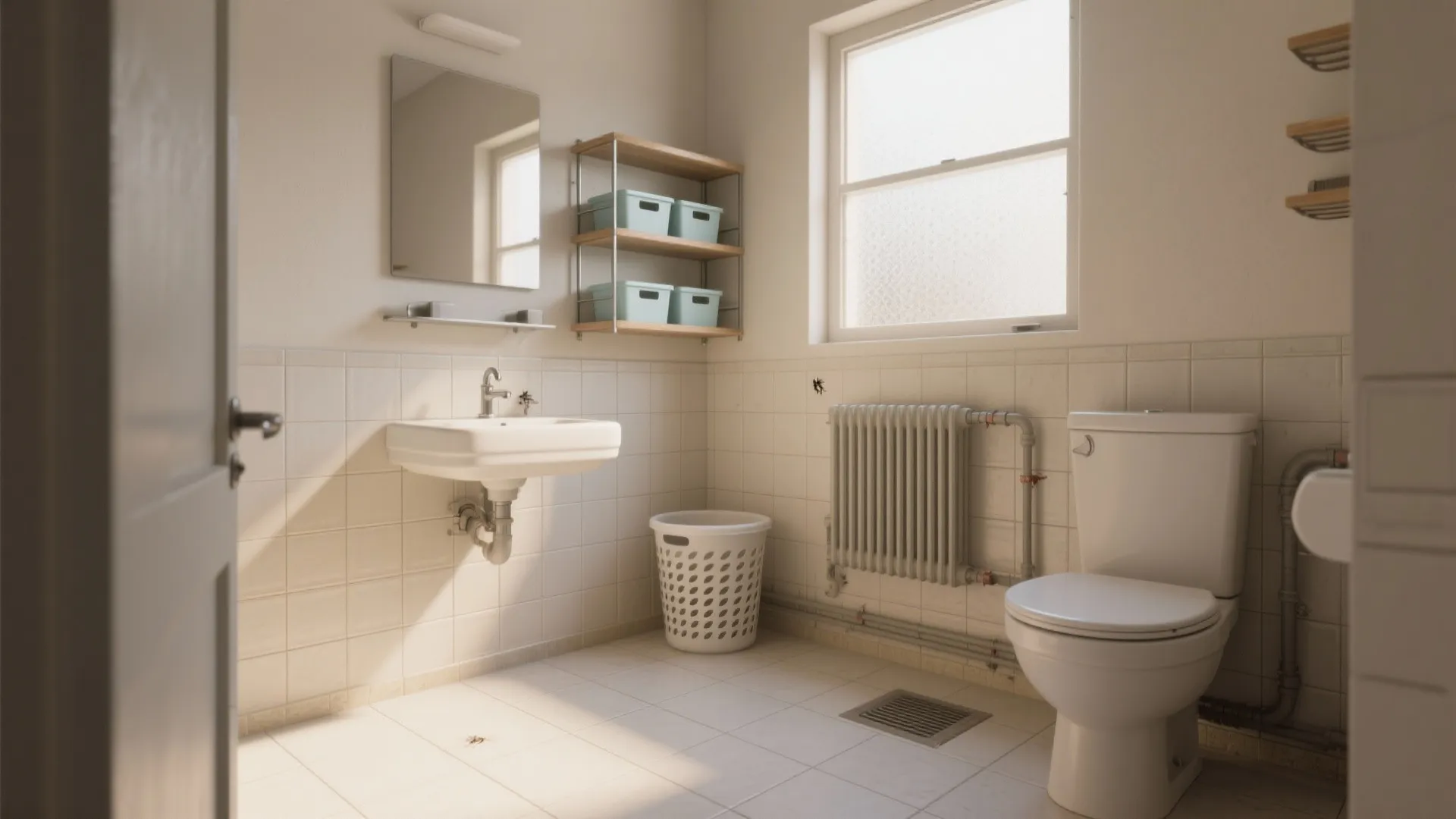 Bright white bathroom with a wall sink toilet heater laundry basket mirror and a small window