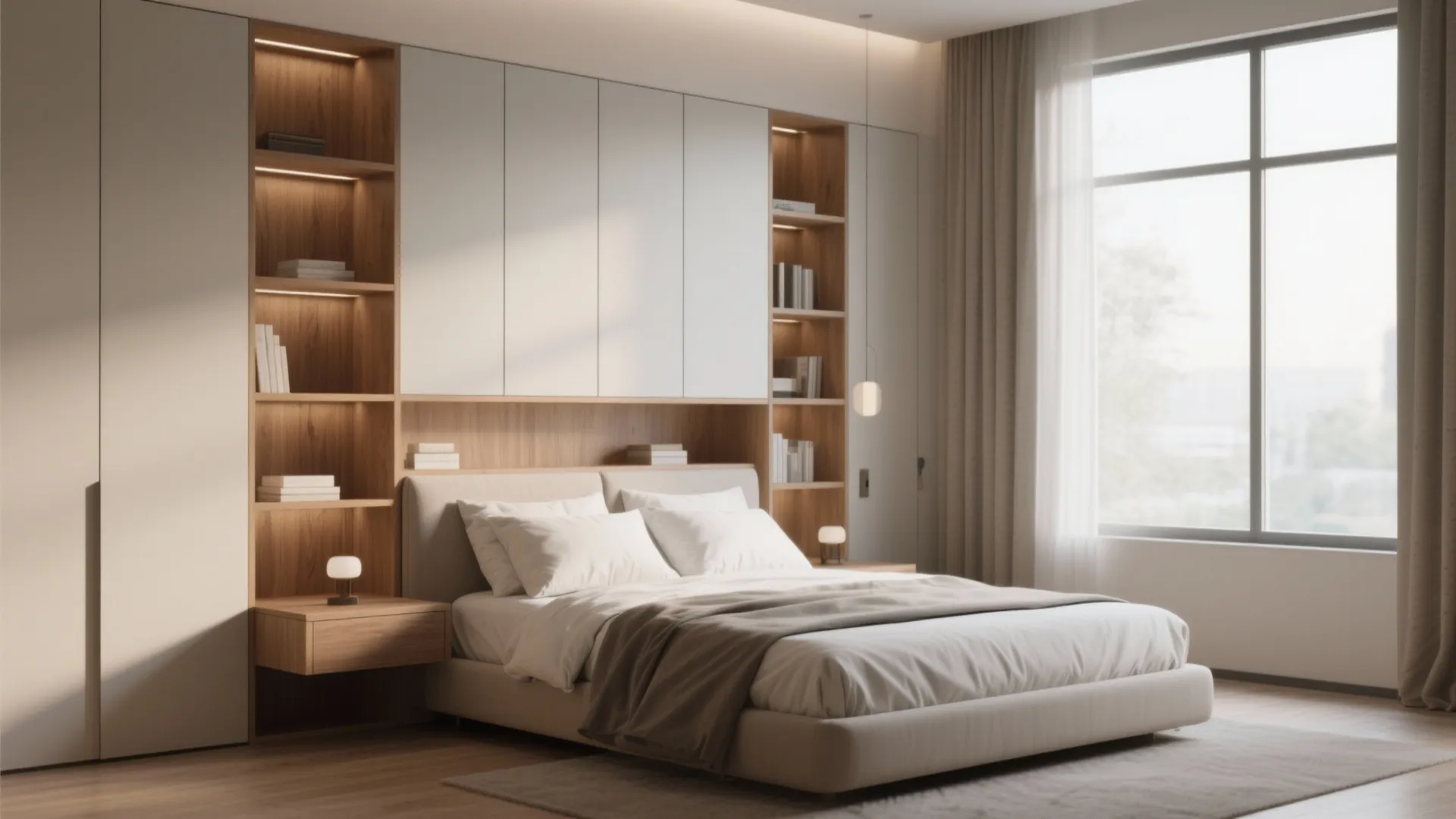 Bedroom with built-in storage shelves behind the bed integrated into headboard wall
