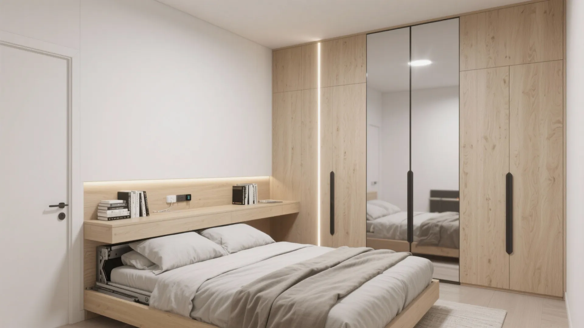 Bedroom built-ins: platform bed, sliding wardrobes, and mirrors