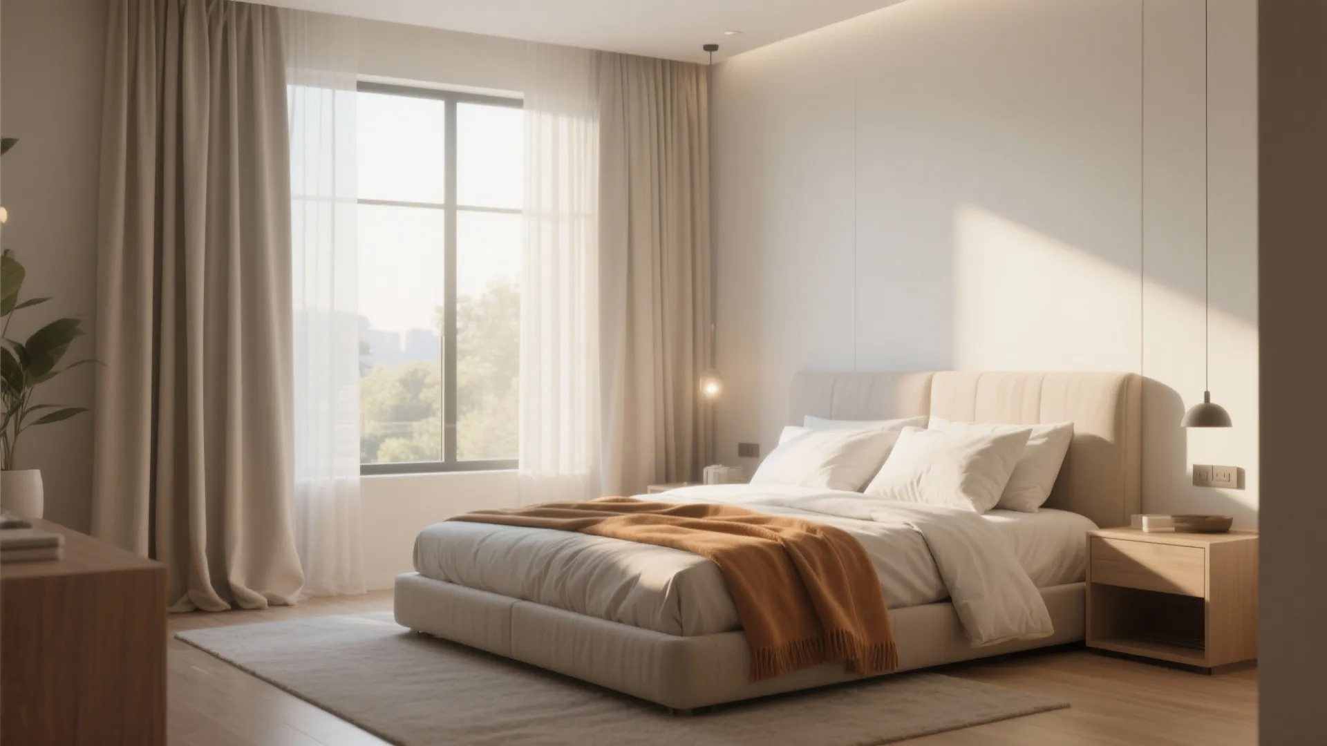 Minimalist bedroom with a beige bed wooden side table large windows and long hanging curtains