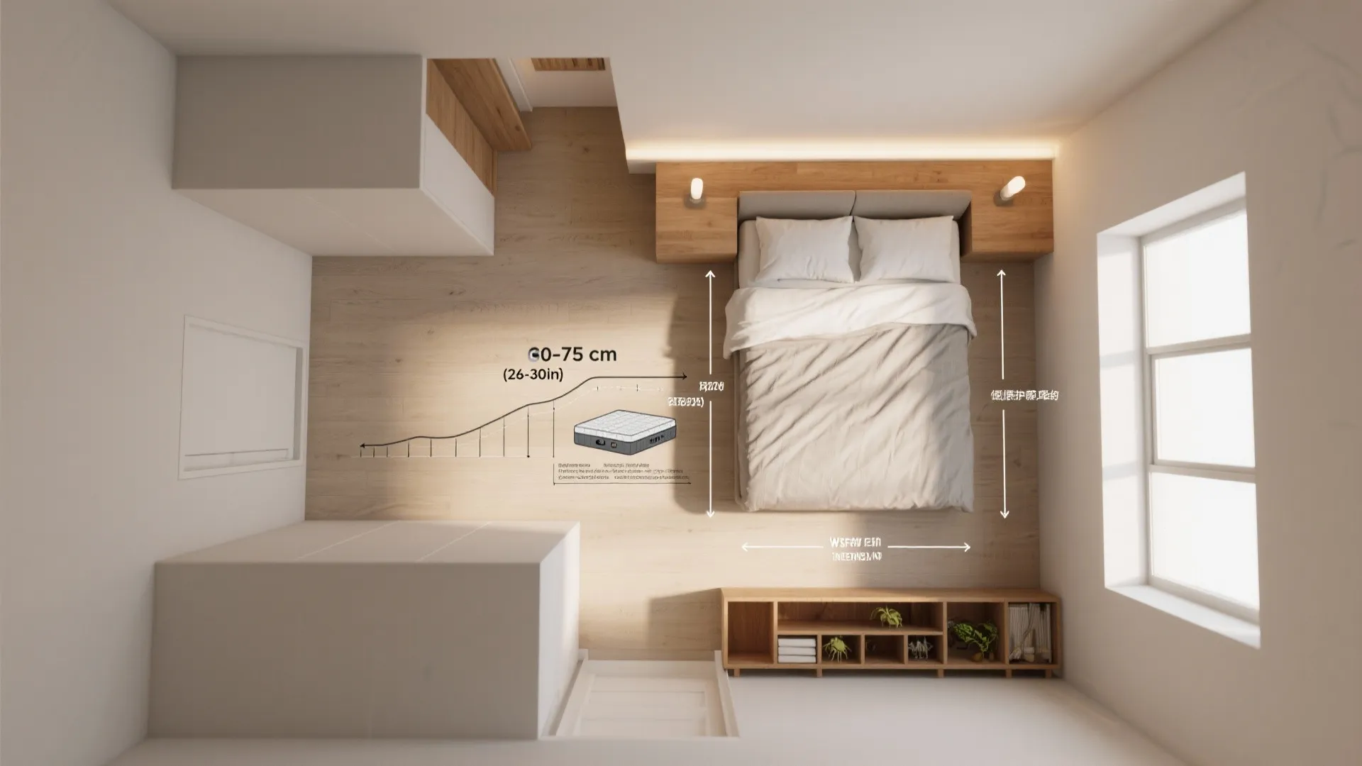 Top view bedroom layout showing bed clearance measurements with white walls and light wood flooring