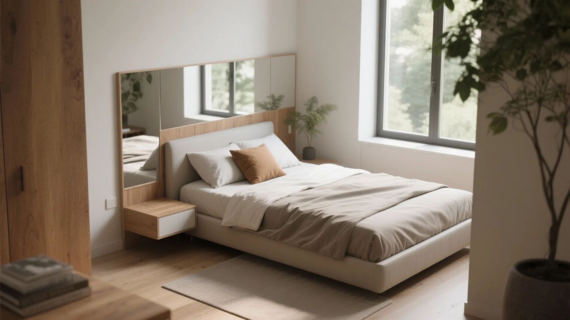 Minimalist bedroom design with beige bed wooden bedside table large wall mirror and green plants