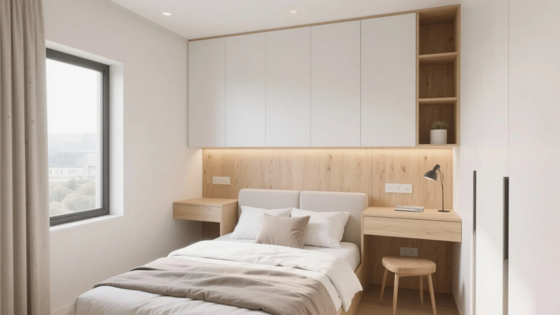Small bedroom interior design with white wall cabinets integrated wooden desk and a cozy bed