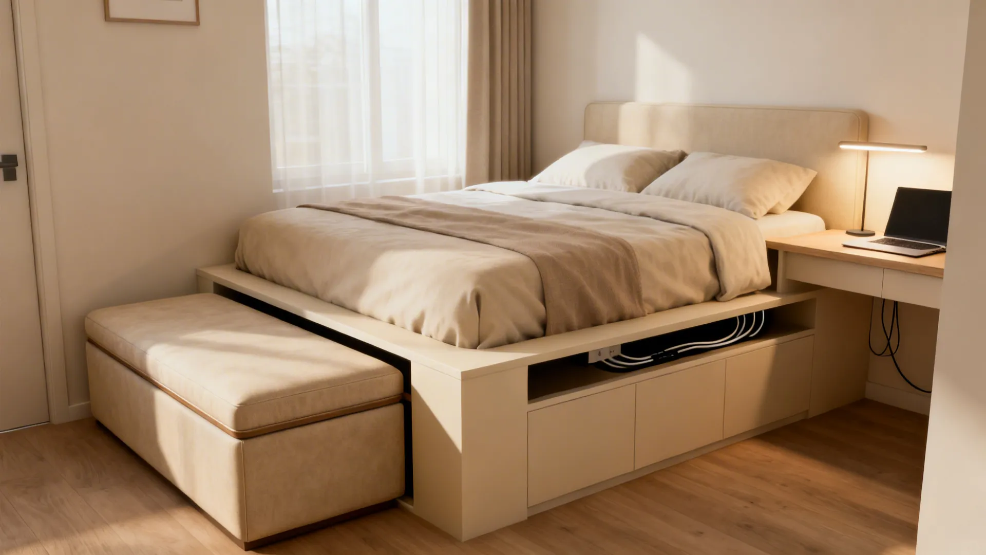Queen bed with a built-in desk at the foot and a storage ottoman bench in a compact studio.