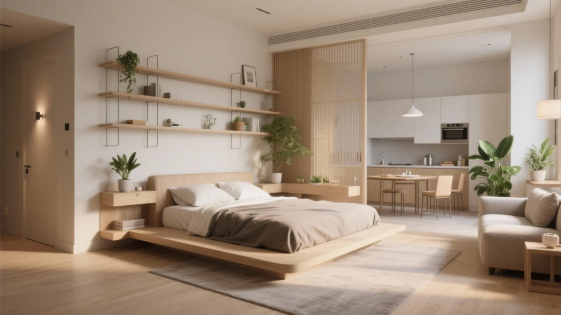 Modern studio apartment featuring a wooden bed frame divided from the kitchen by a screen