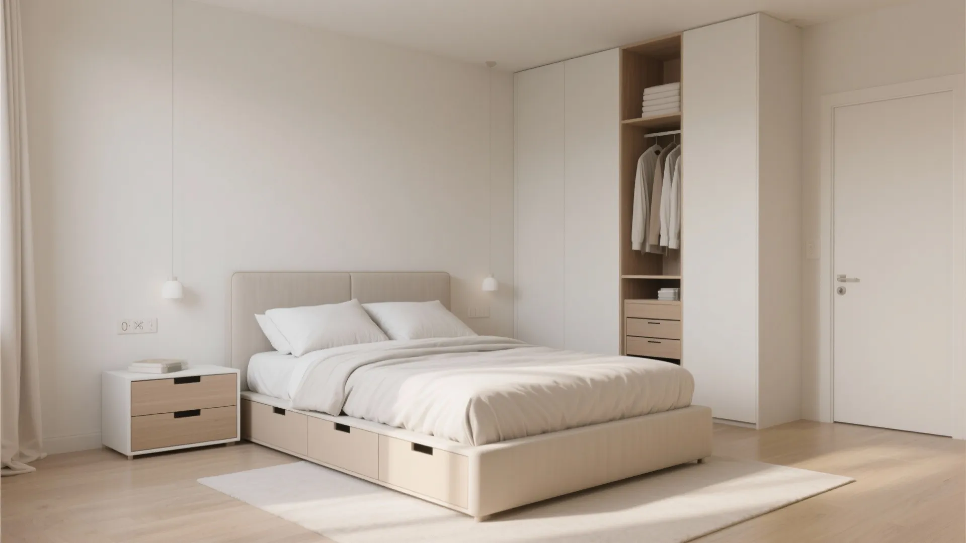 Small bedroom with storage bed and tall wardrobe combination