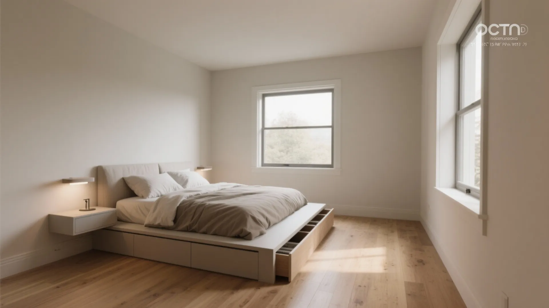 Modern bedroom featuring platform bed with storage drawers wooden floor white walls and two windows