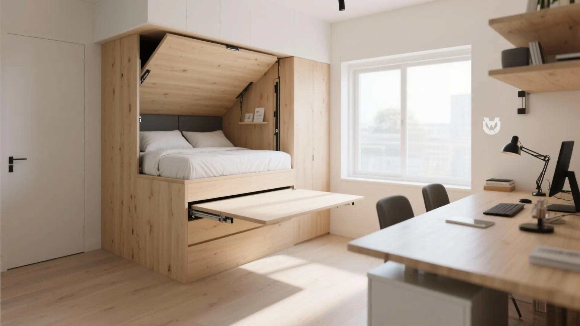 Murphy bed with underside fold-down table in a modern workspace