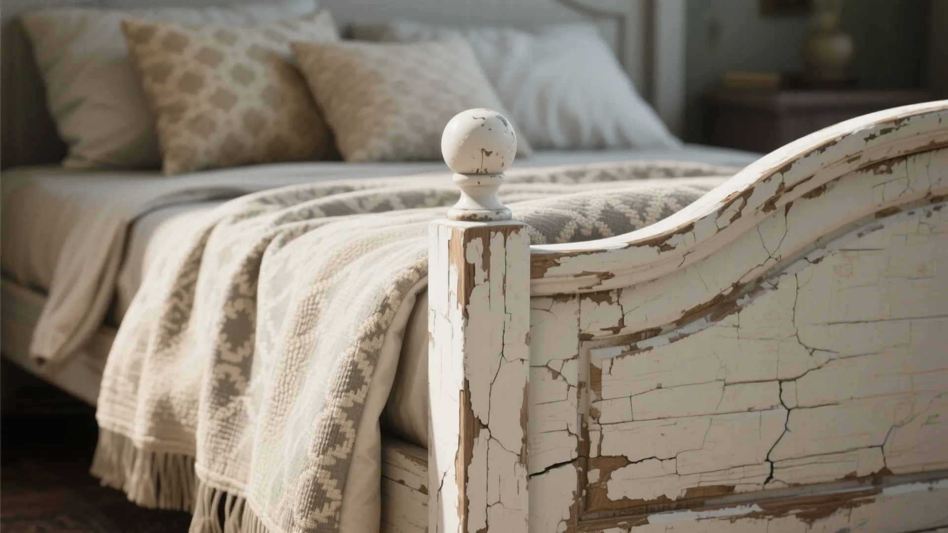 1. Layered neutrals with an antique white bed frame