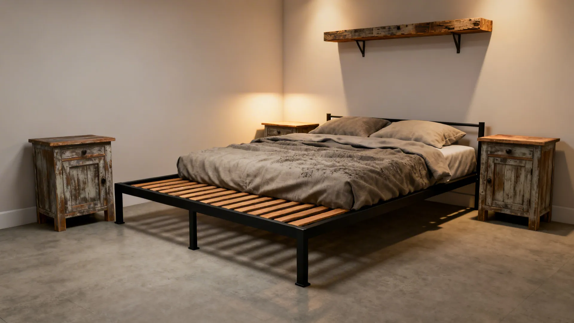 Industrial bedroom with black metal bed frame, grey bedding, wooden shelf, and two rustic cabinets