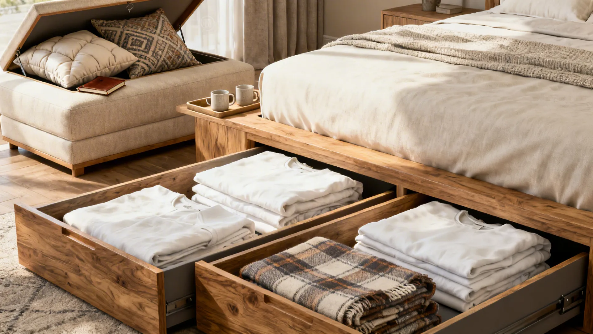 Platform bed with open under-drawers showing organized linens and an ottoman with hidden storage
