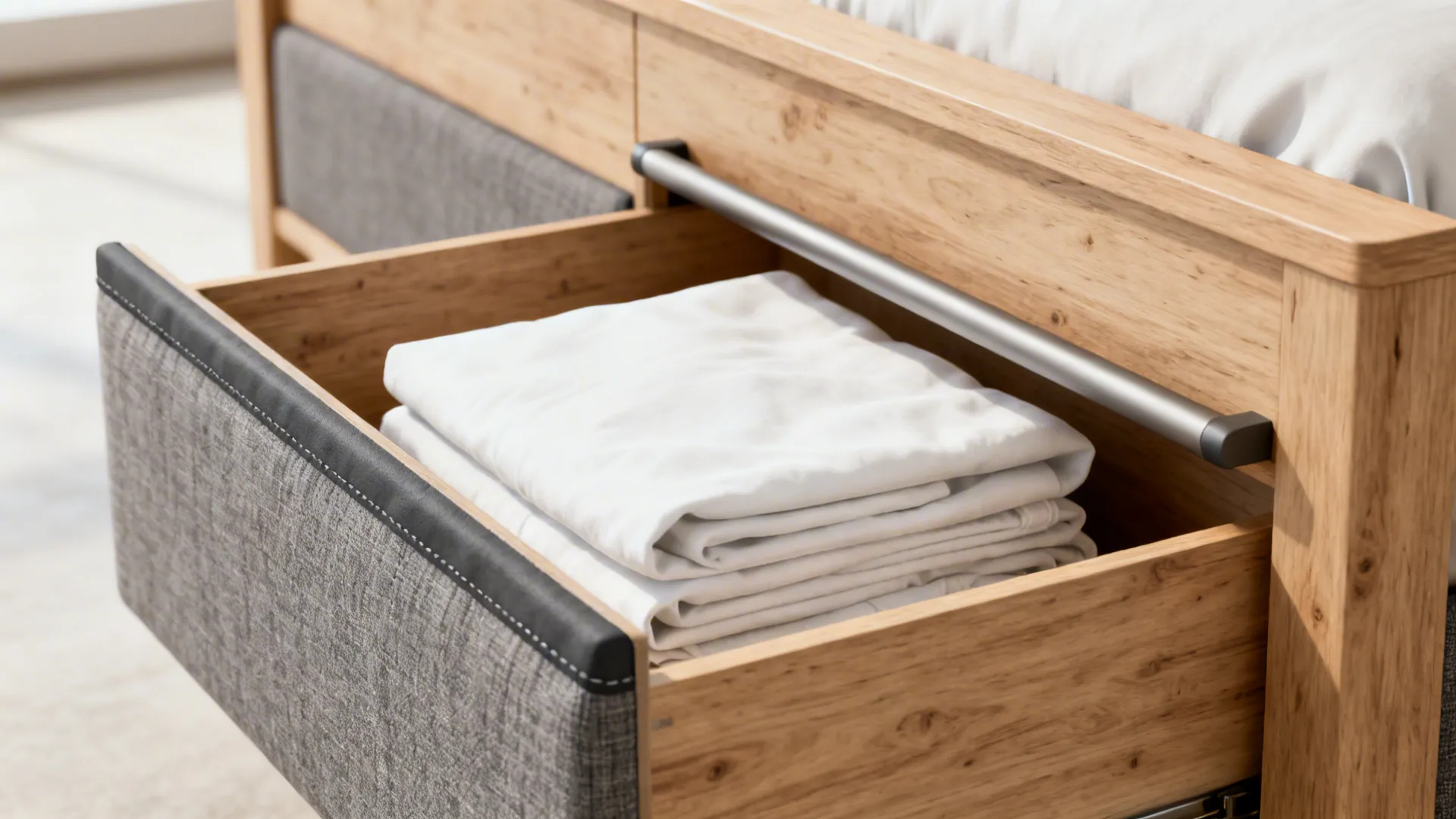 Integrated drawers open in a king bed frame storing linens in a small bedroom