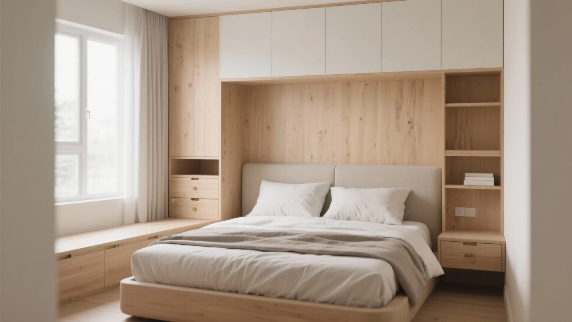 Bed frame with built-in dresser drawers in headboard