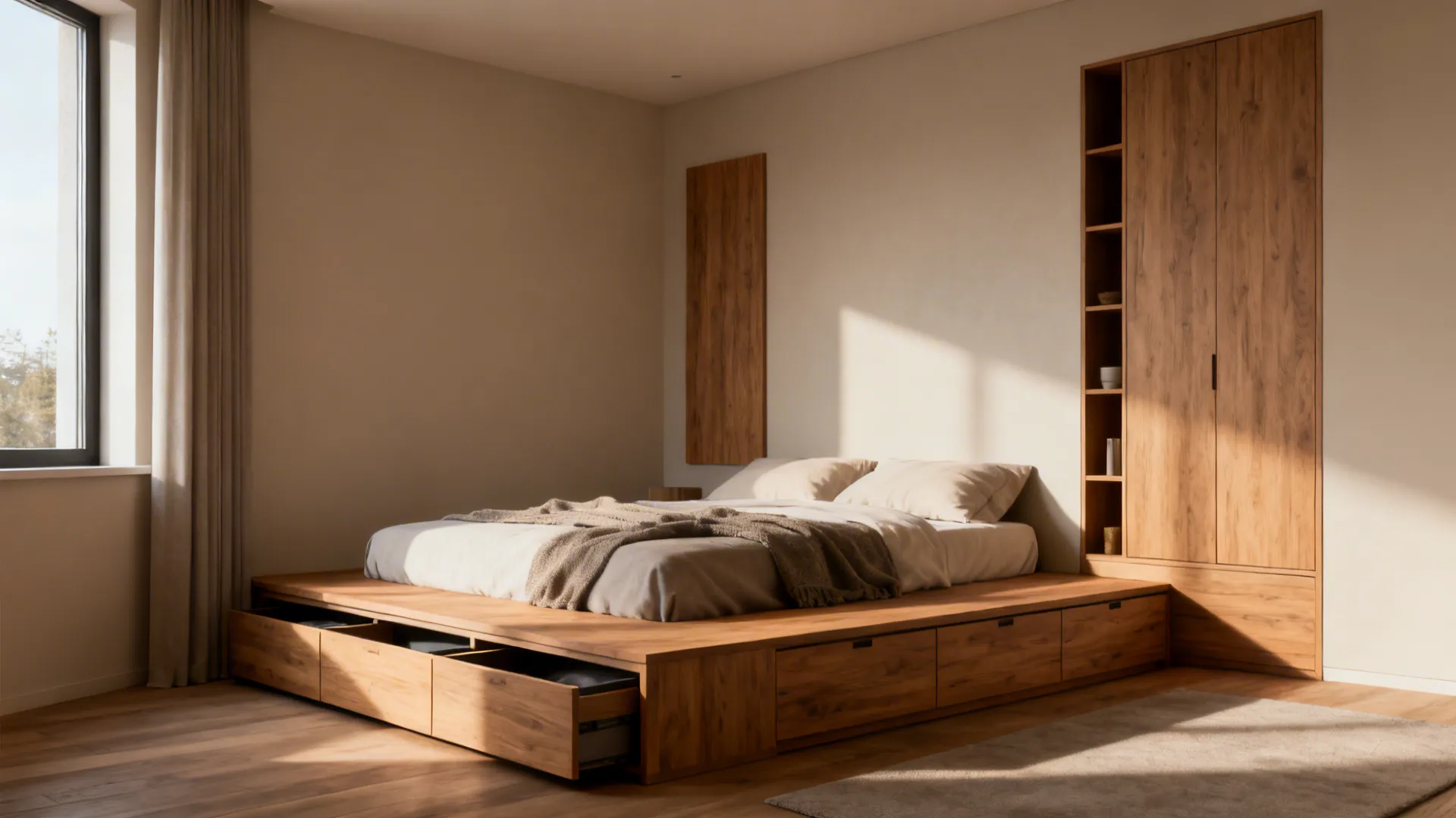 Platform bed with integrated drawers and a narrow wardrobe panel beside it, unified wood finish.