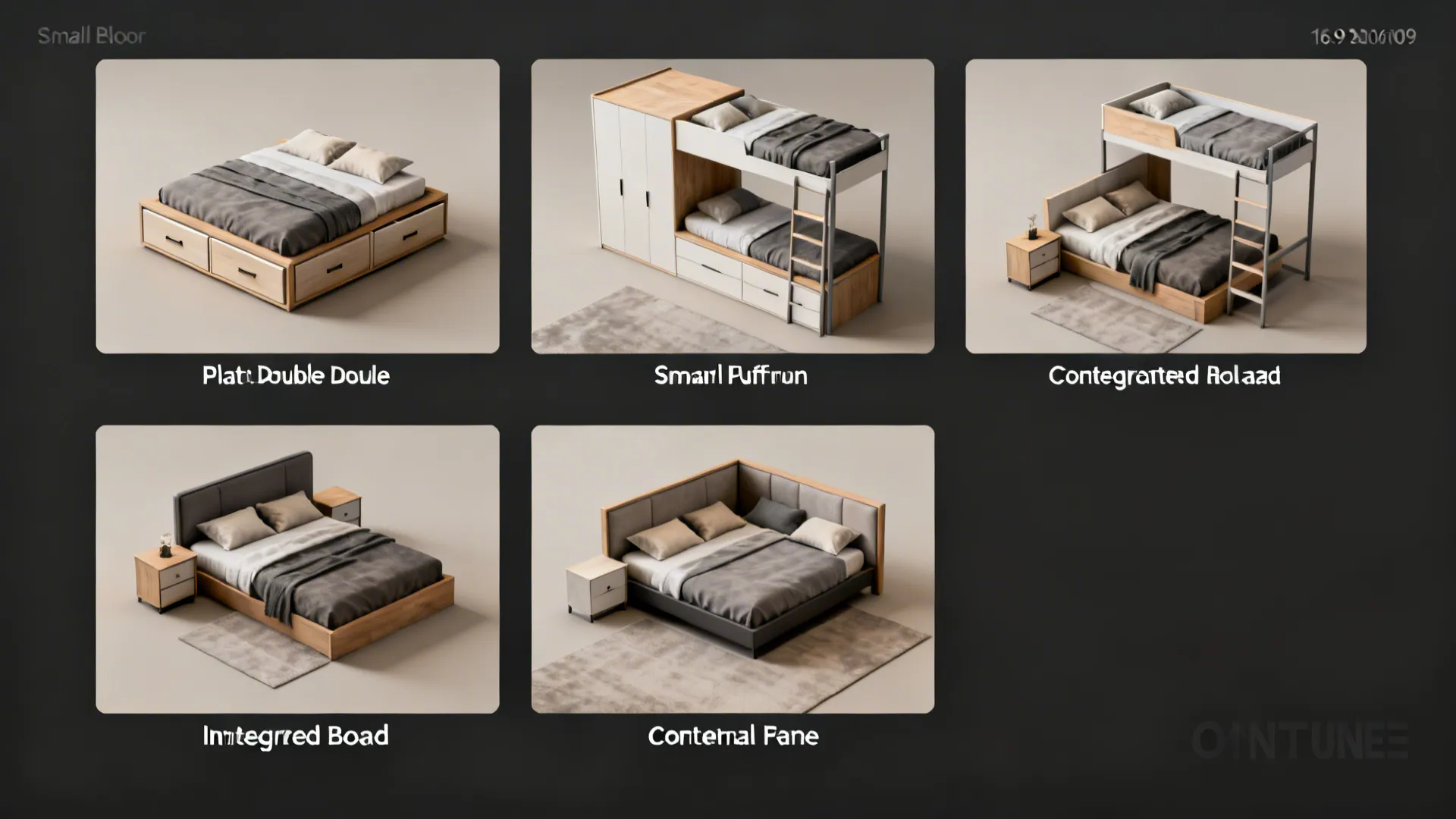 Top-down 3D floor plan showing multiple small-bedroom double bed layout options.