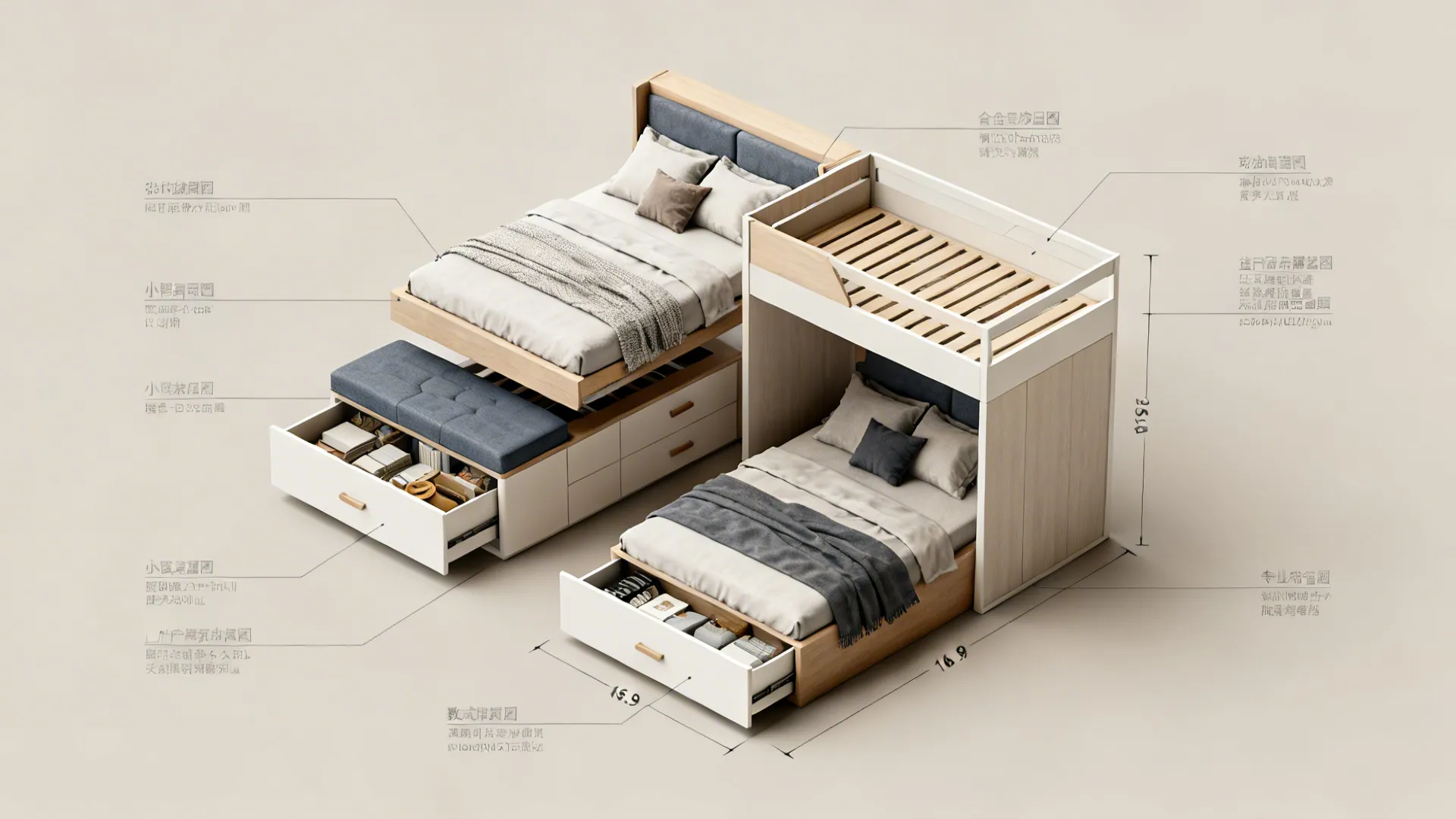 Top-down layout showing scaled storage bed options and circulation in a small bedroom