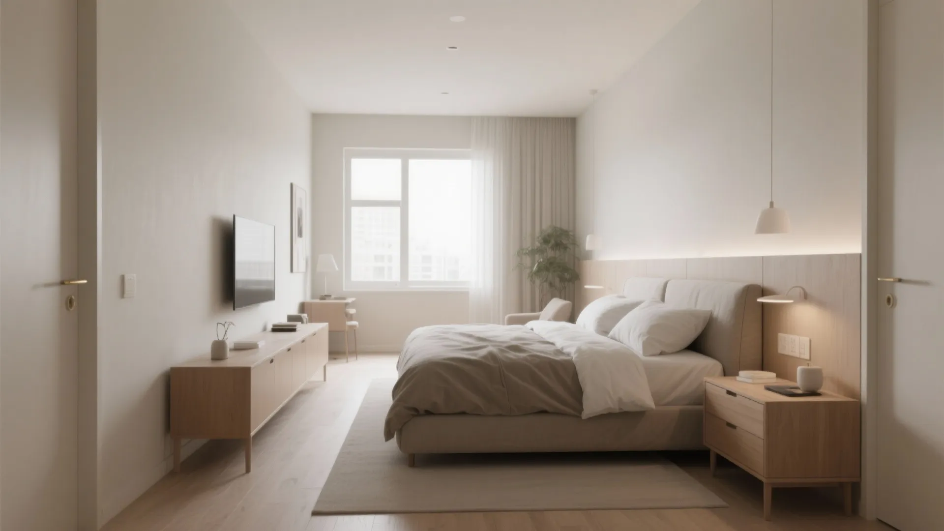 Minimalist narrow bedroom featuring a large bed, wooden cabinet, white walls, and a bright window