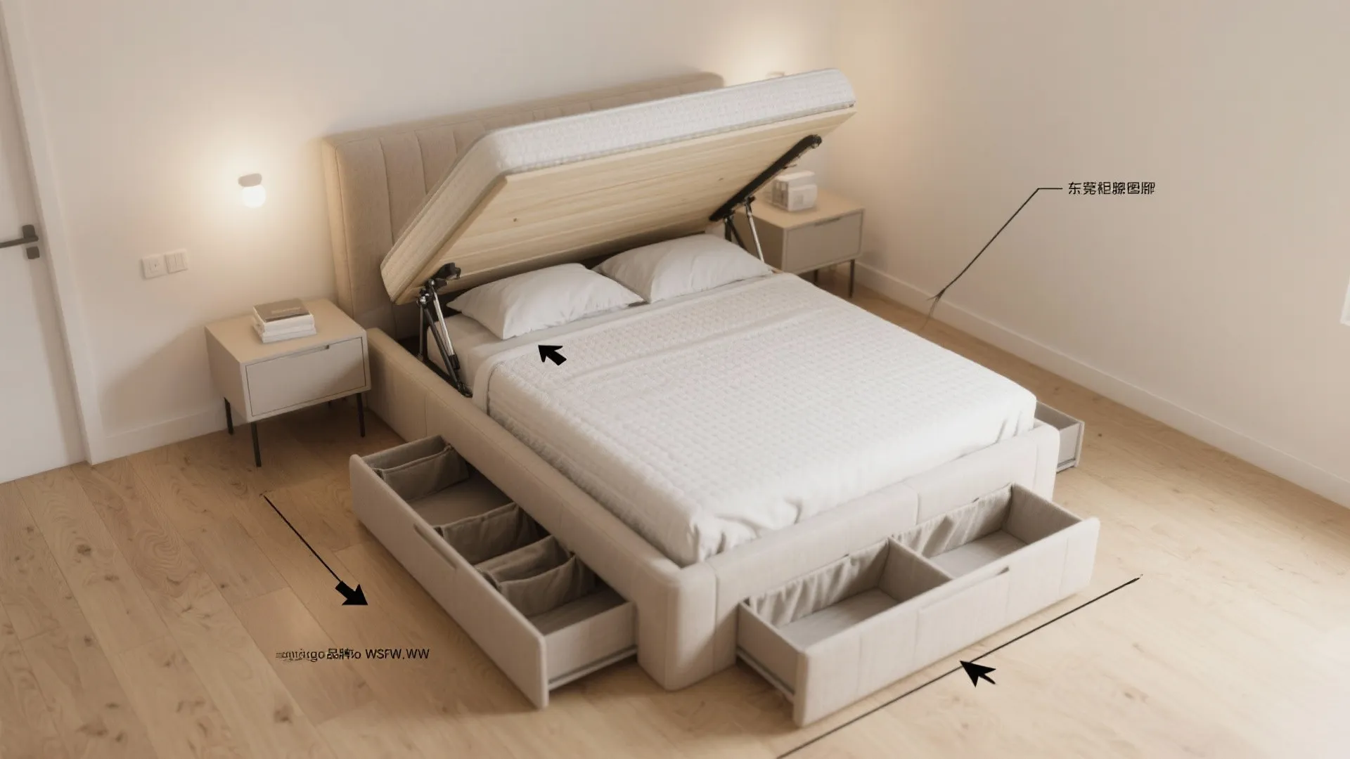 Under-bed storage with lift-up platforms