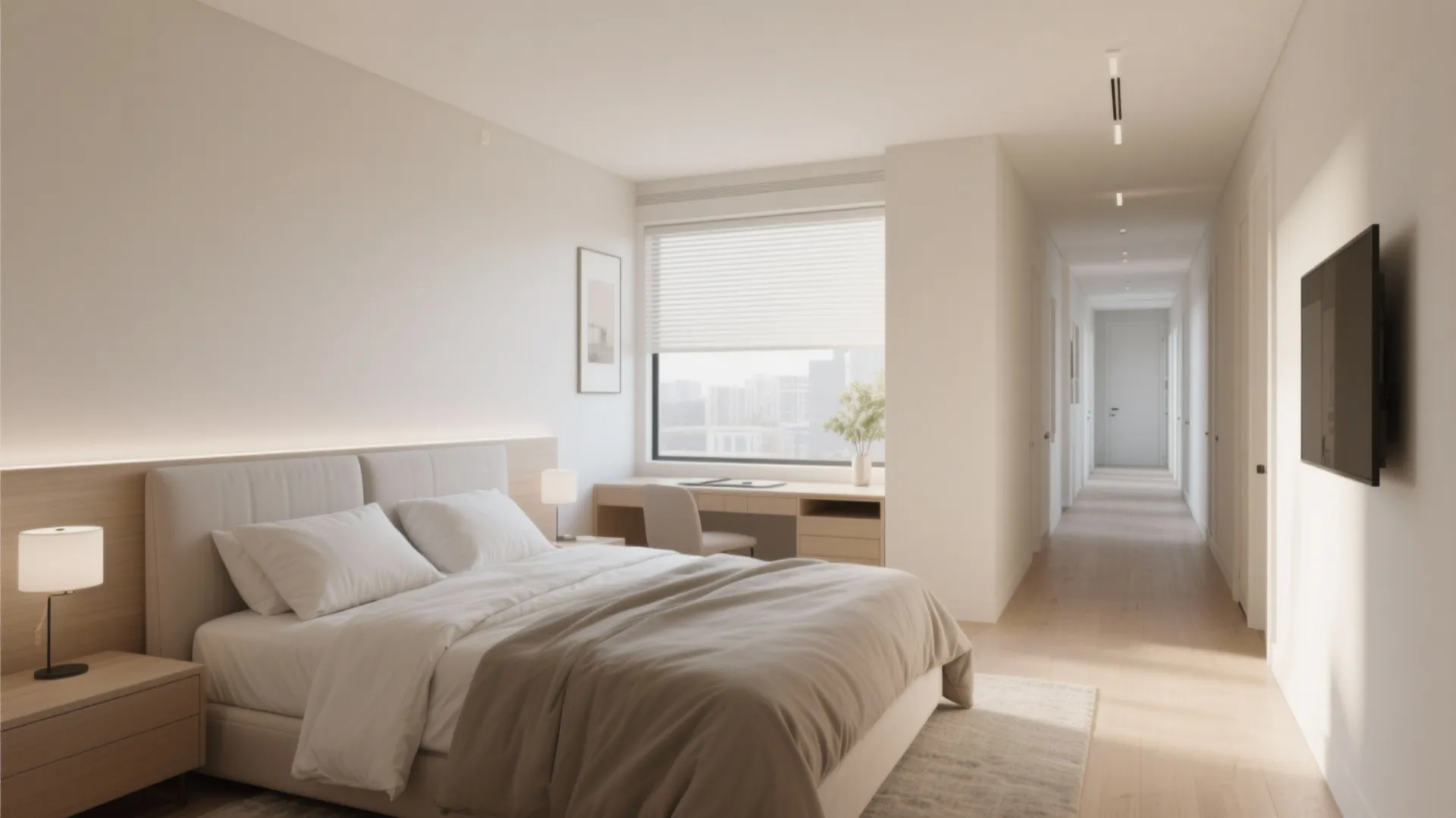 Bright bedroom with bed along long wall, desk by window, and view of long white hallway