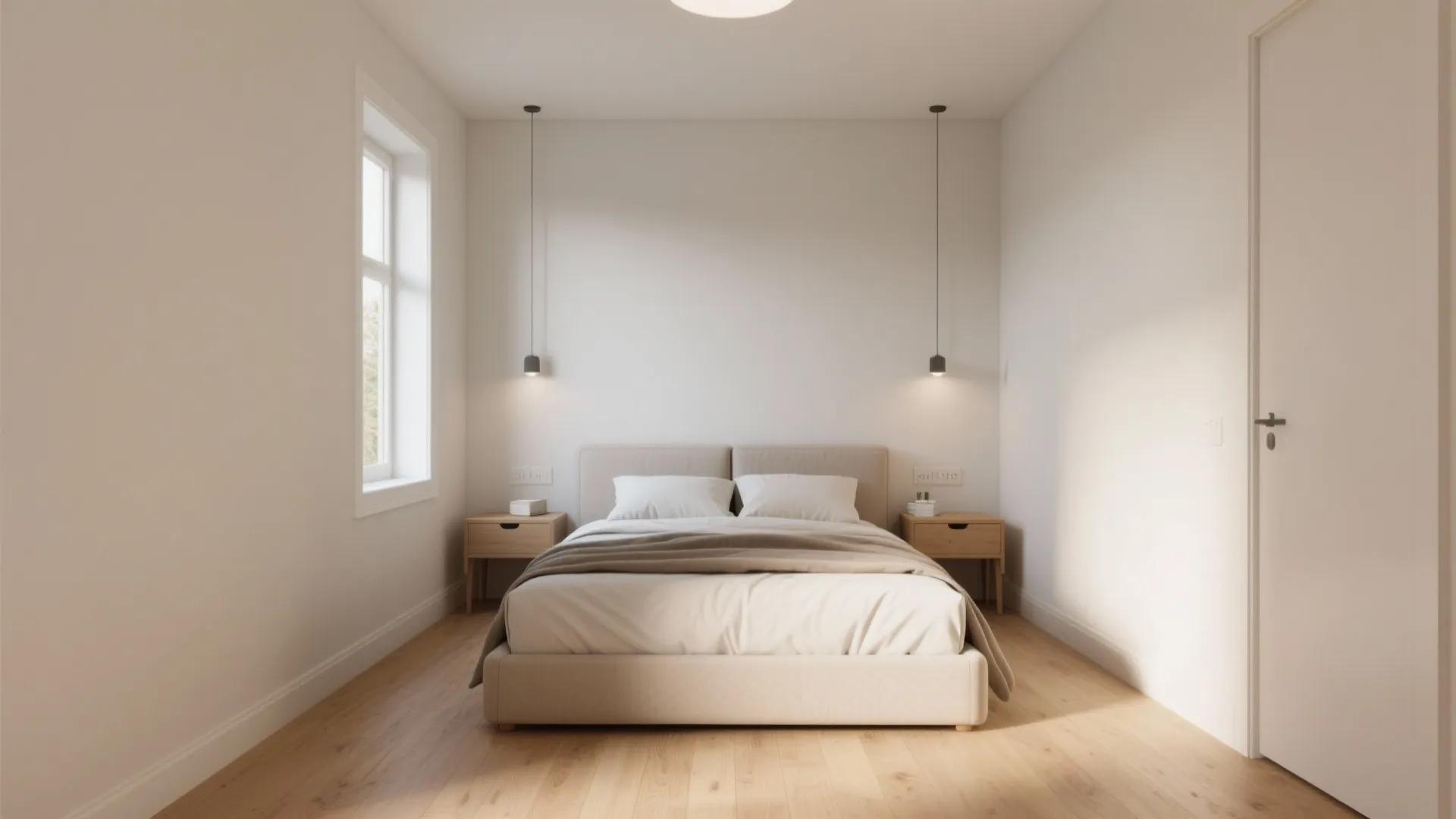 Minimalist bedroom with a beige bed two small wooden tables and hanging small ceiling lights