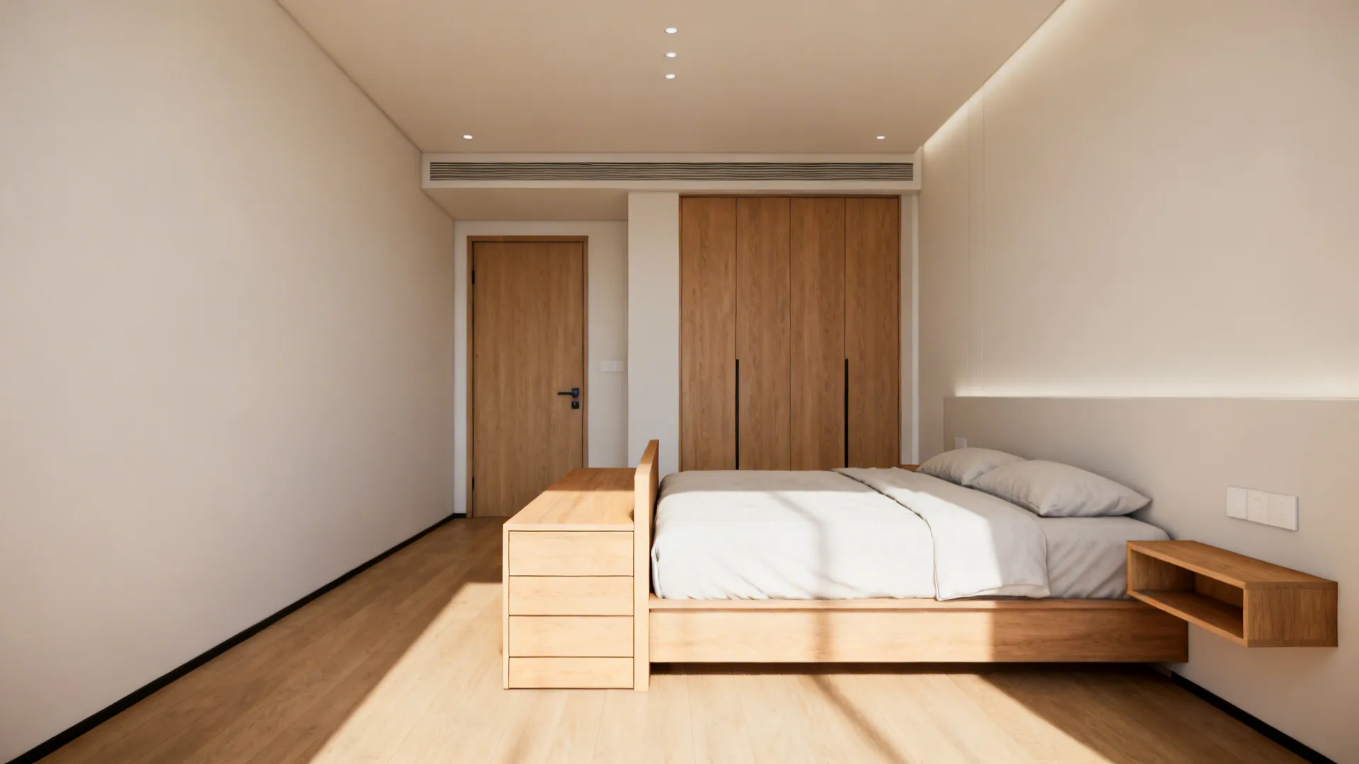 Minimalist bedroom with wooden bed frame matching wardrobe and wooden floor with bright natural sunlight