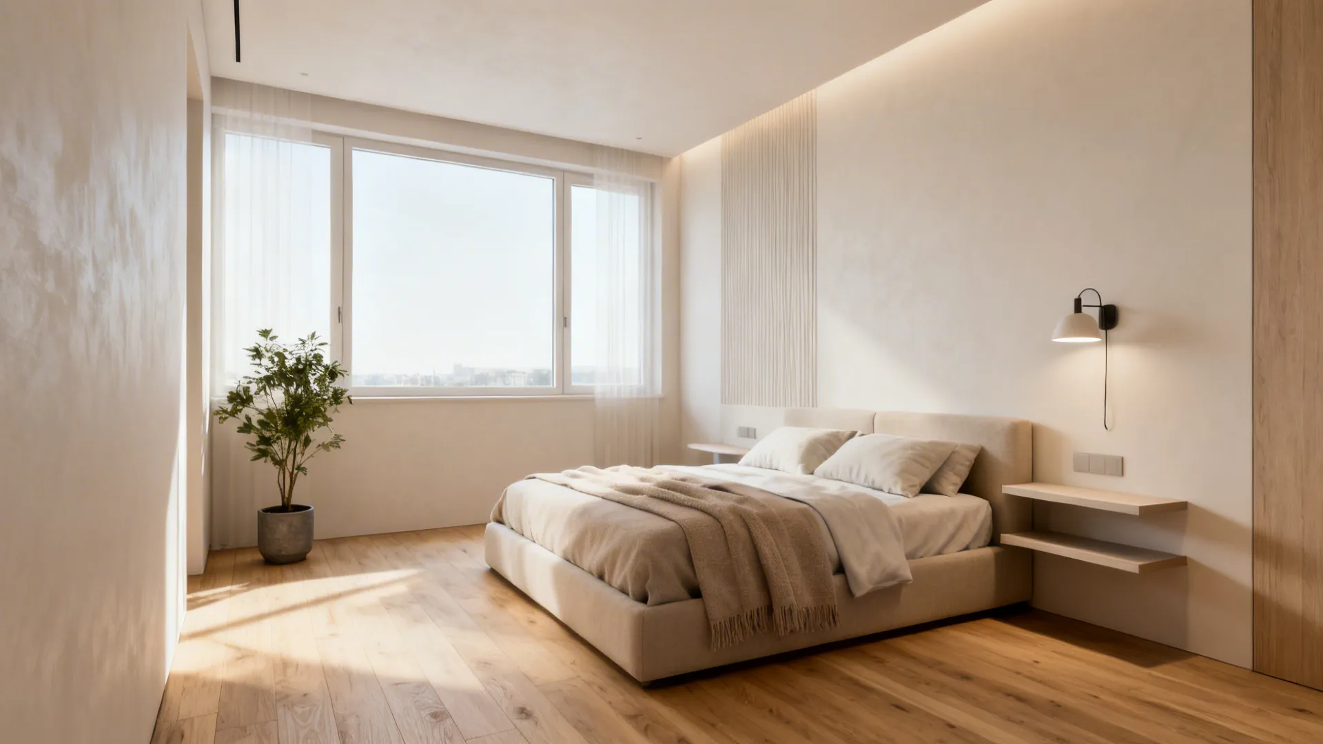 Bed against a long wall with floating shelves and wall lamp in a small bedroom.