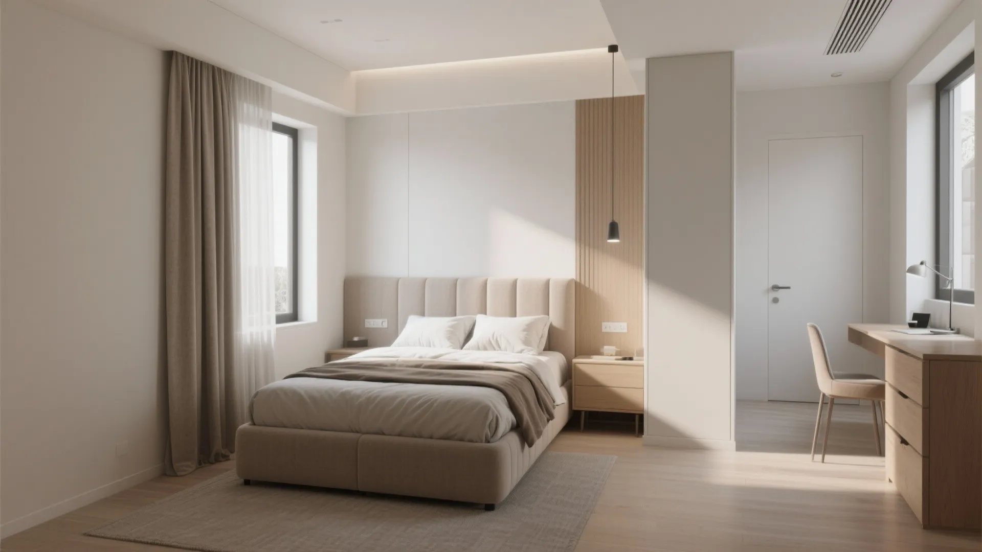 Neutral bedroom layout with a bed wood wall panel hanging light rug and desk area