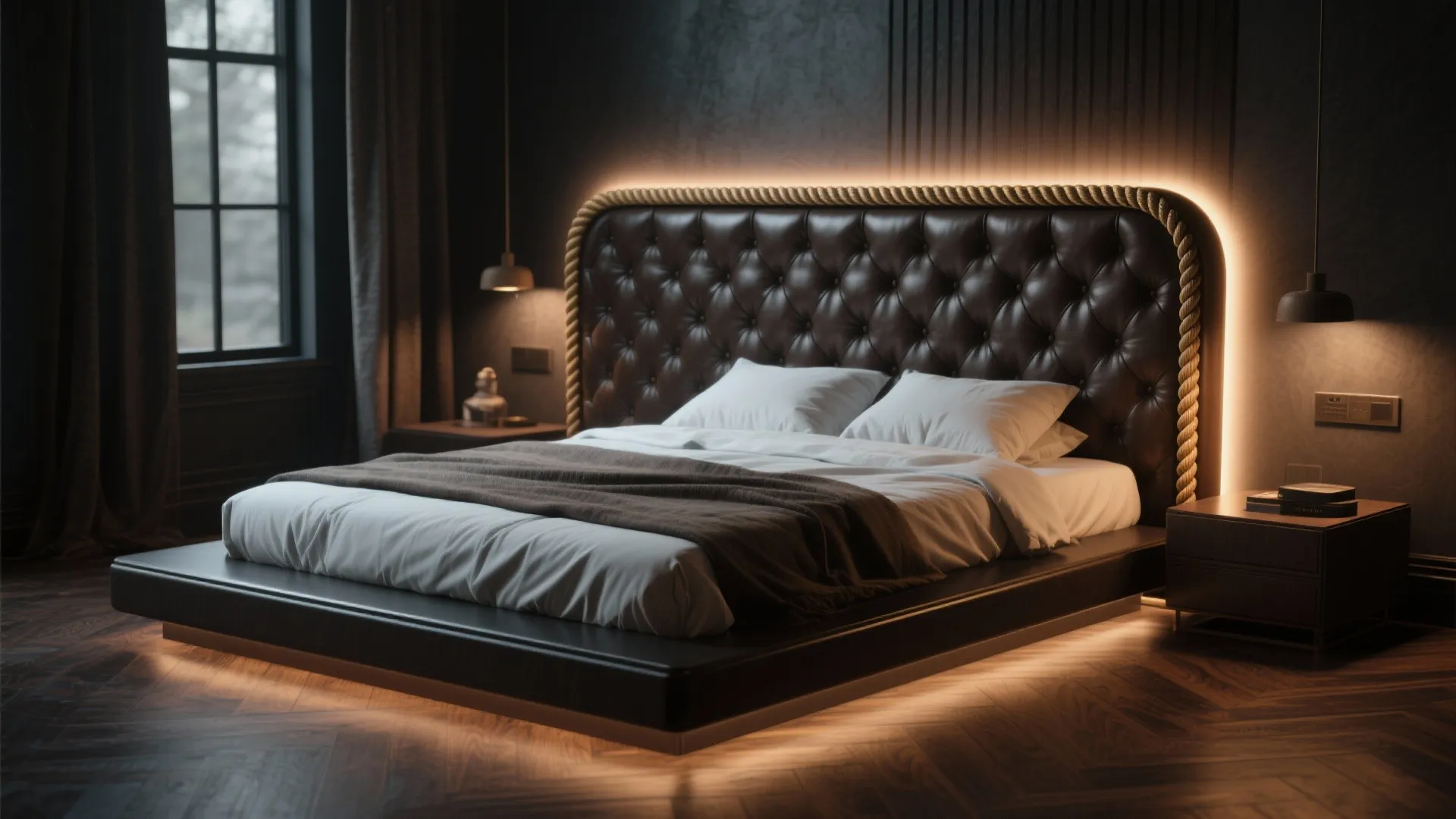 Modern dark bedroom featuring tufted leather headboard with warm back lighting and floating bed design