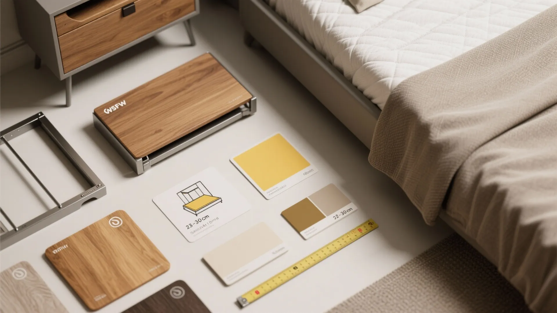 Top-down materials flatlay with wood, metal and fabric swatches, color chips, and icons for bed types and clearance measurements.