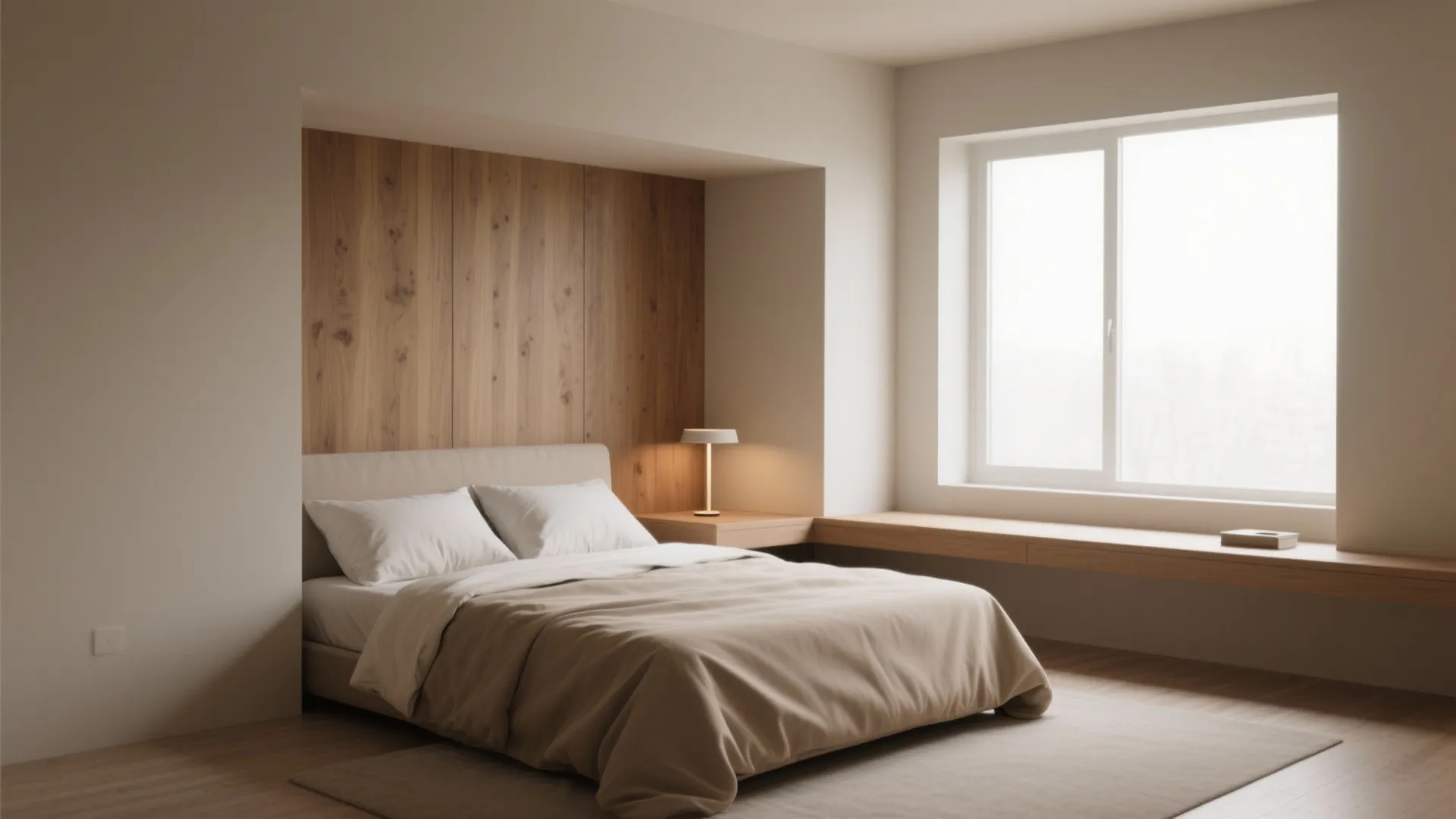 Full-size bed neatly tucked into a shallow alcove niche with a floating bedside ledge and warm textures.