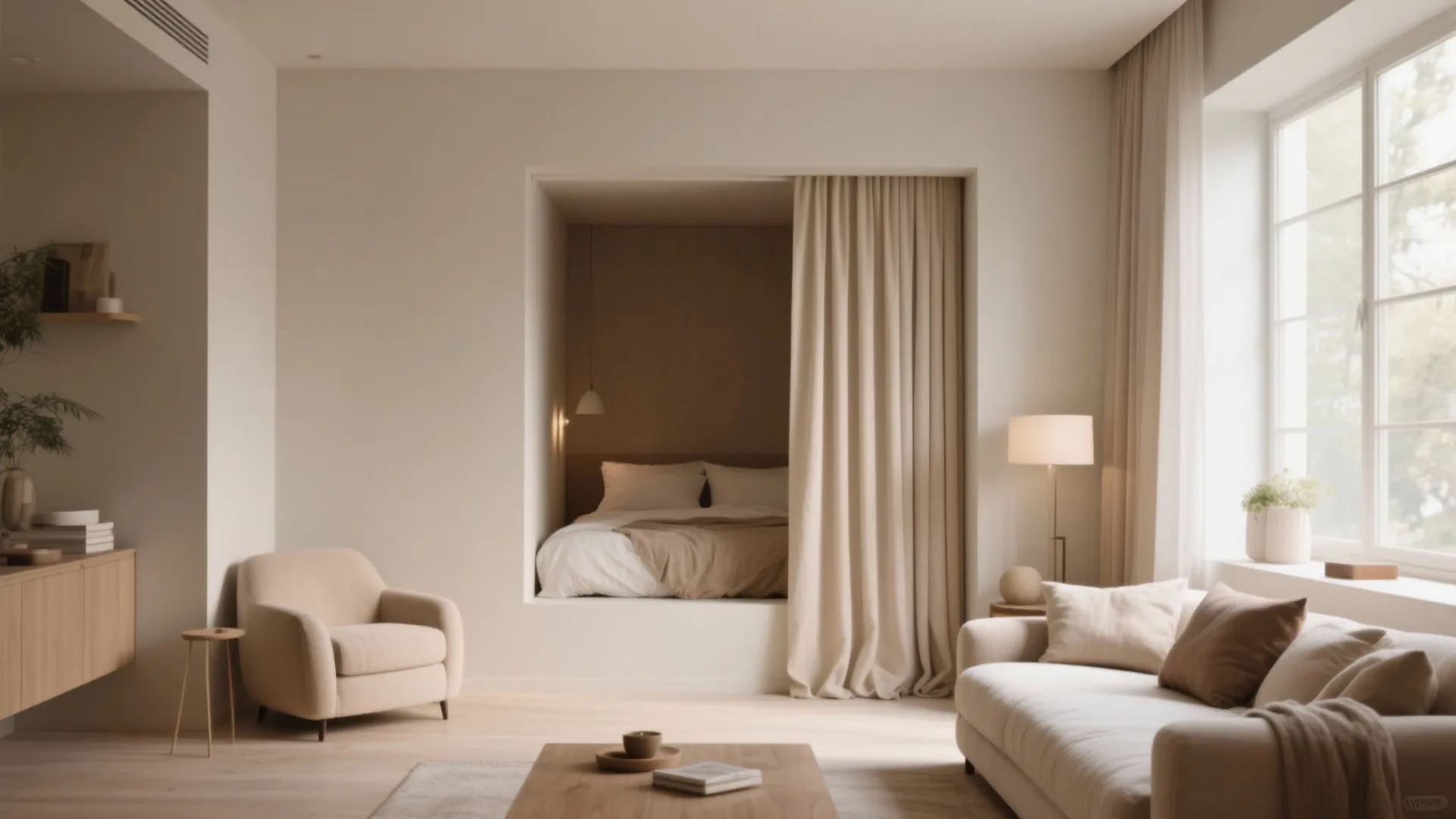 Small living space with a bed niche hidden behind a curtain divider