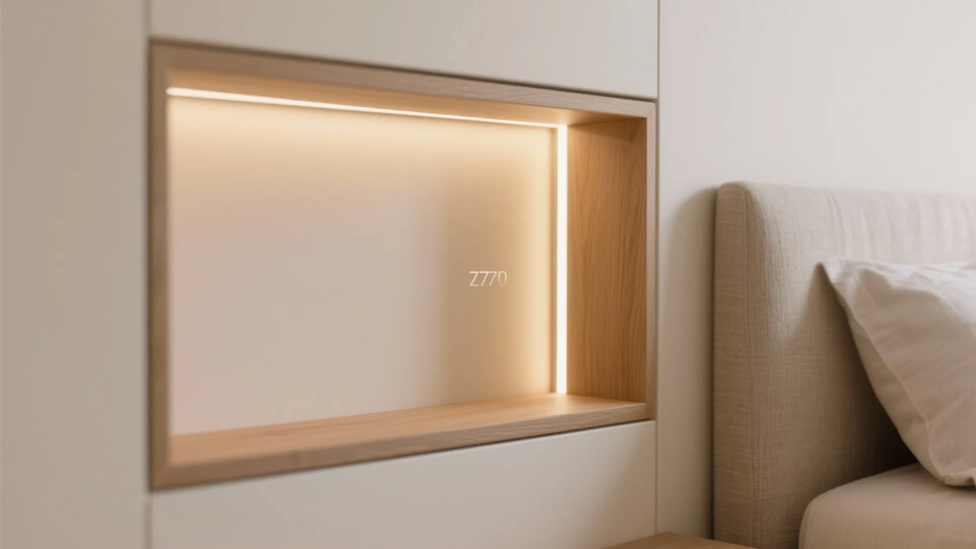 Bedroom wall with wooden storage space featuring built in warm light near a beige bed
