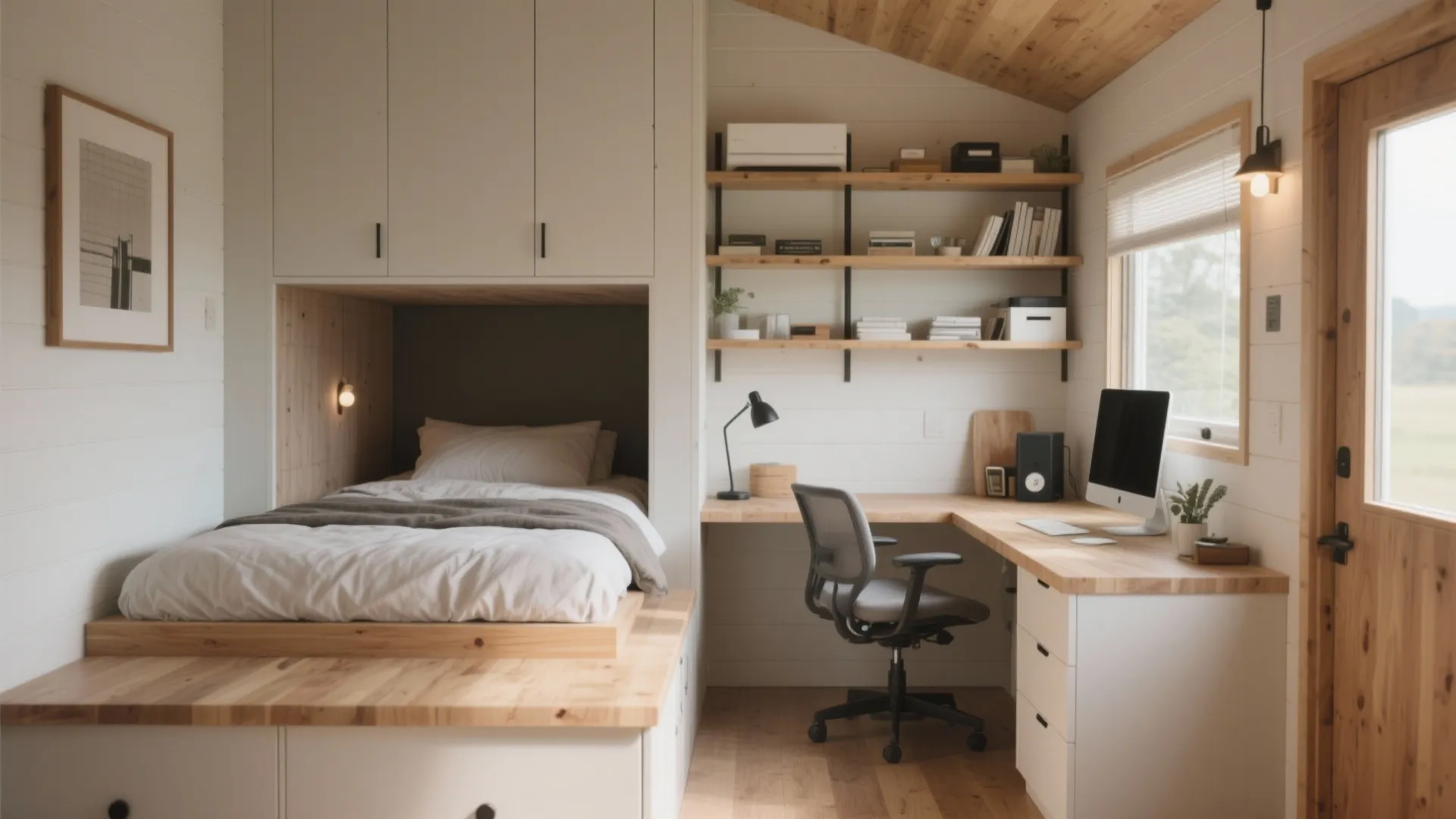 Small room layout with bed in a wall niche, corner desk, white cabinet, and shelving