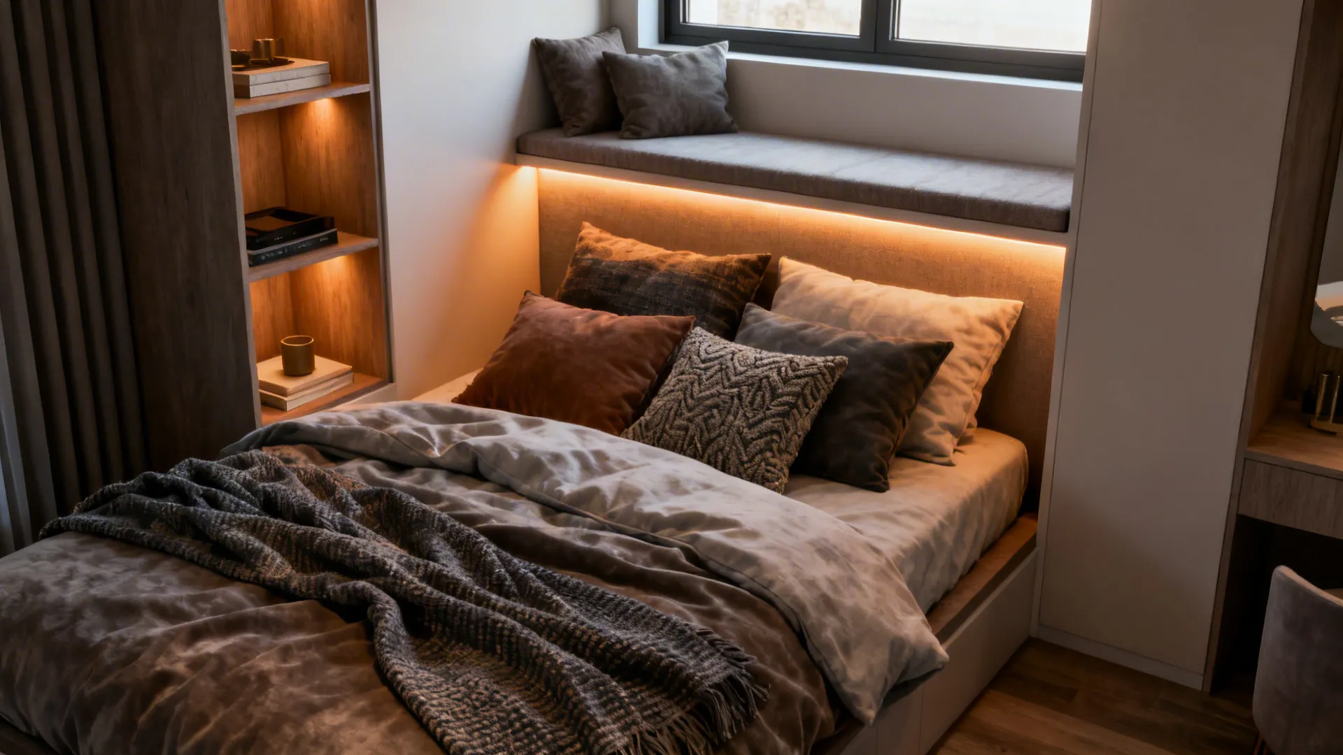 Cozy bed tucked into a small space with warm light many pillows and wooden shelves