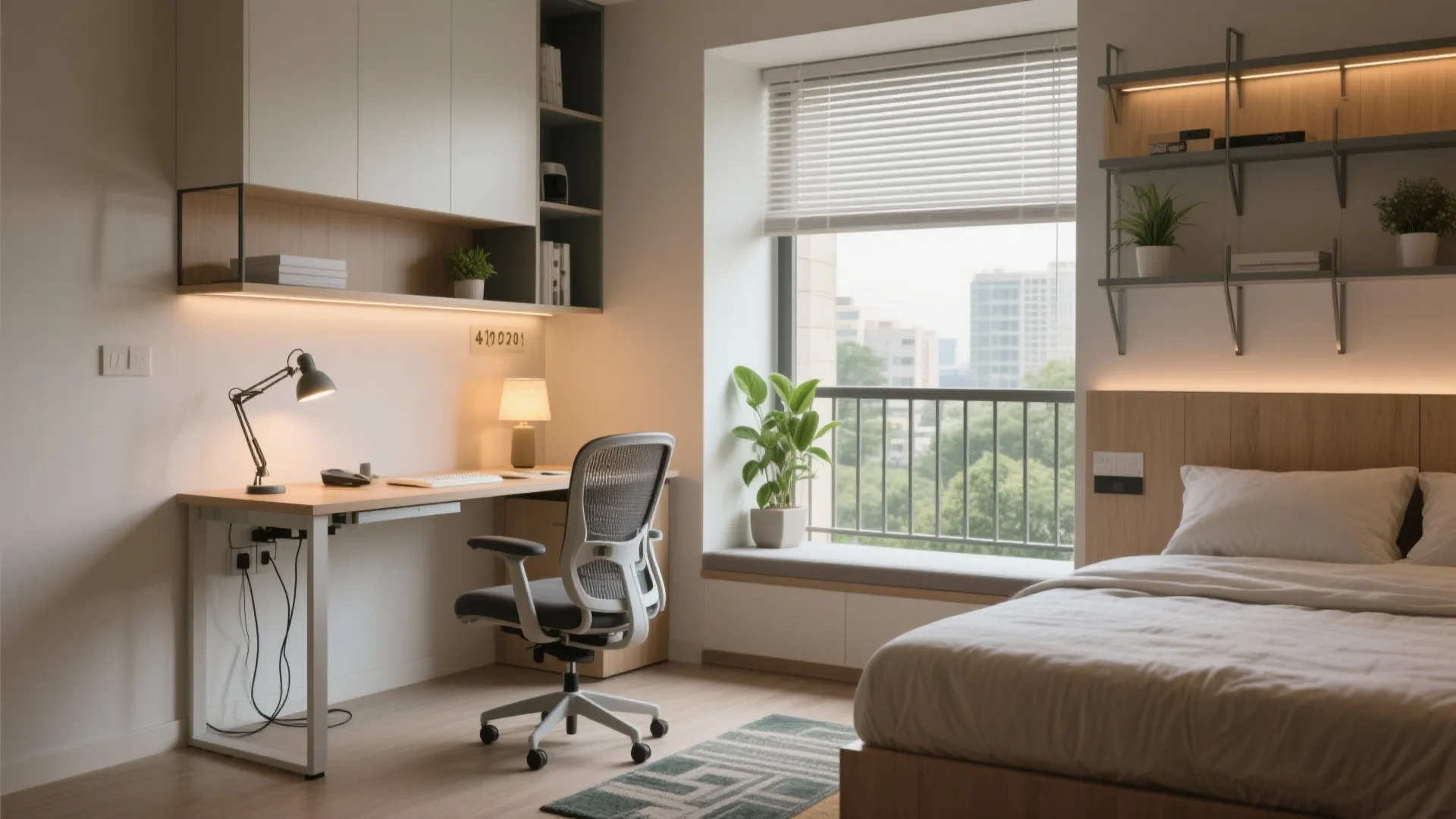 Flexible bedroom-office with balcony micro-nook