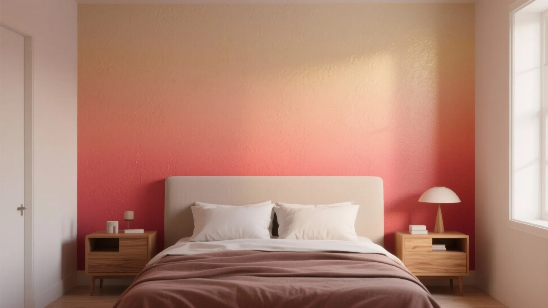 Bedroom showing a warm sunrise ombre behind the bed from coral to pale gold as a headboard alternative