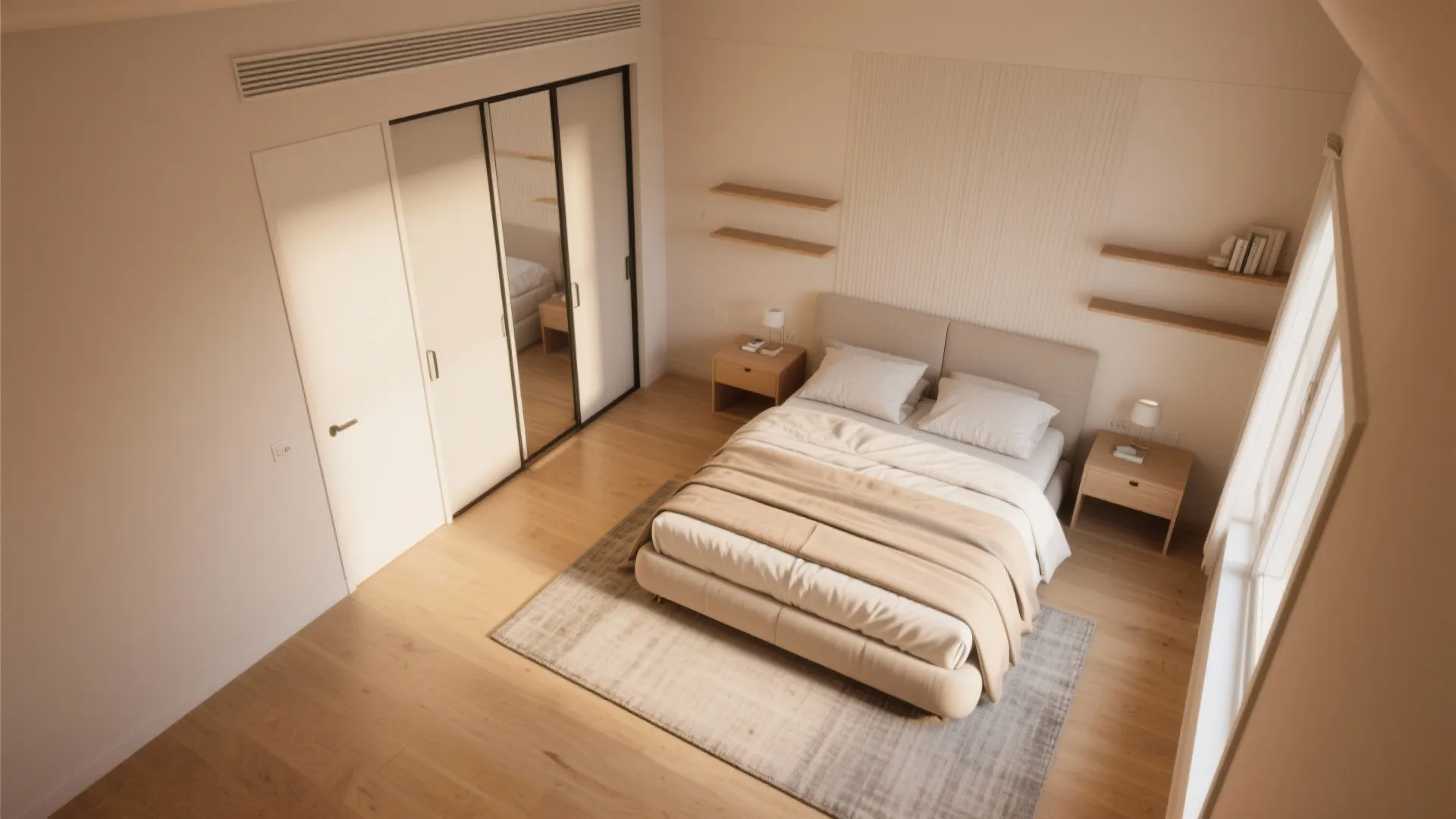 Modern beige bedroom with wooden floor light colored bed rug and sliding mirror door cabinet furniture