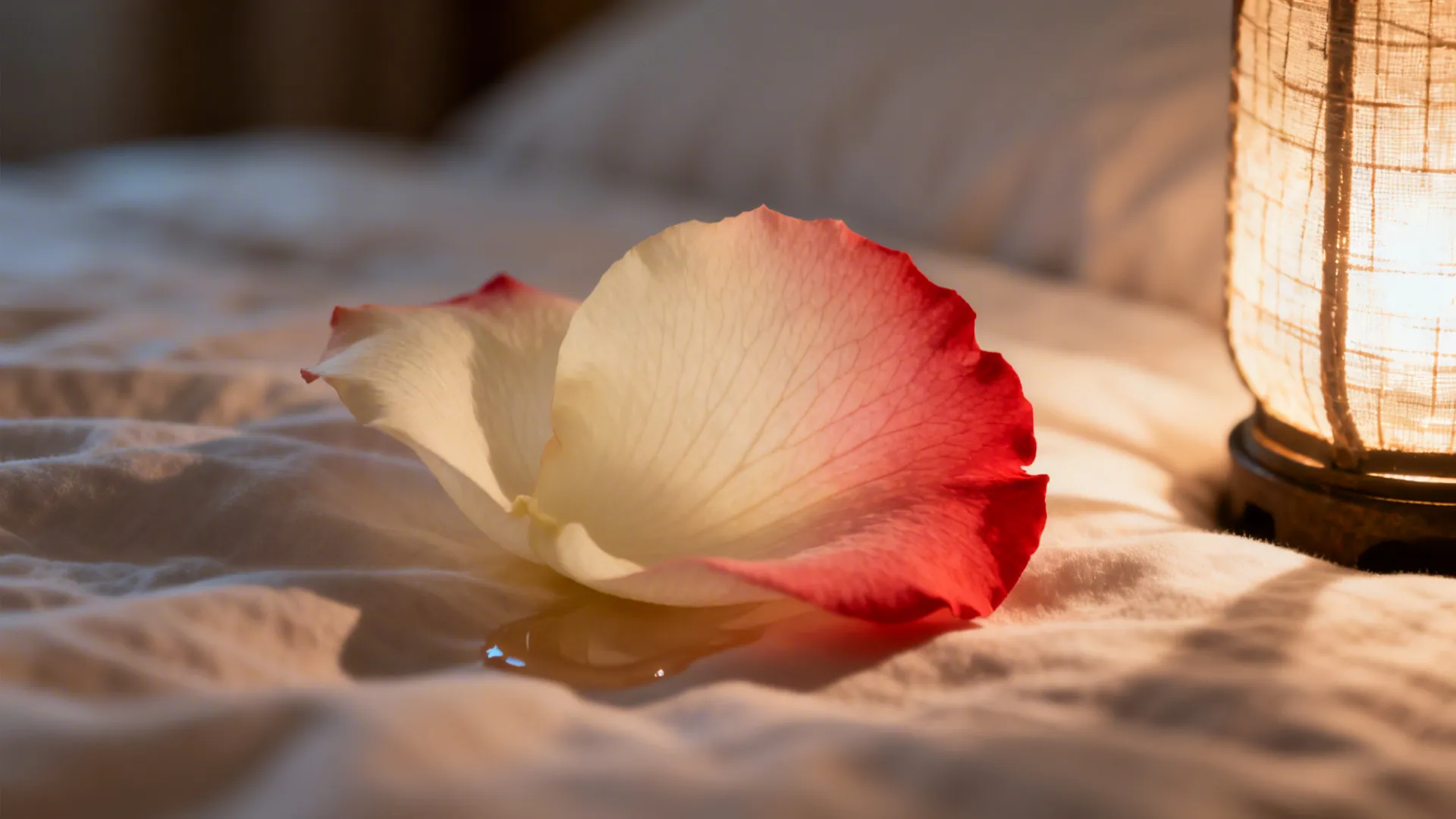 Macro of ivory-to-red rose petal gradient on a softly lit duvet.