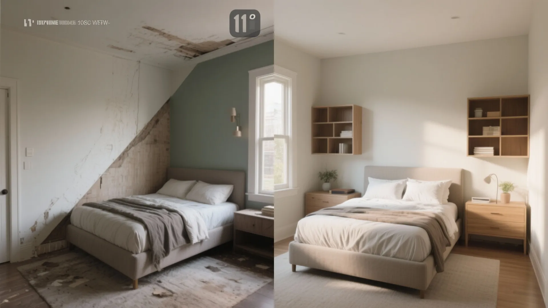 Before and after comparison of a messy bedroom renovation into a clean modern sleeping space